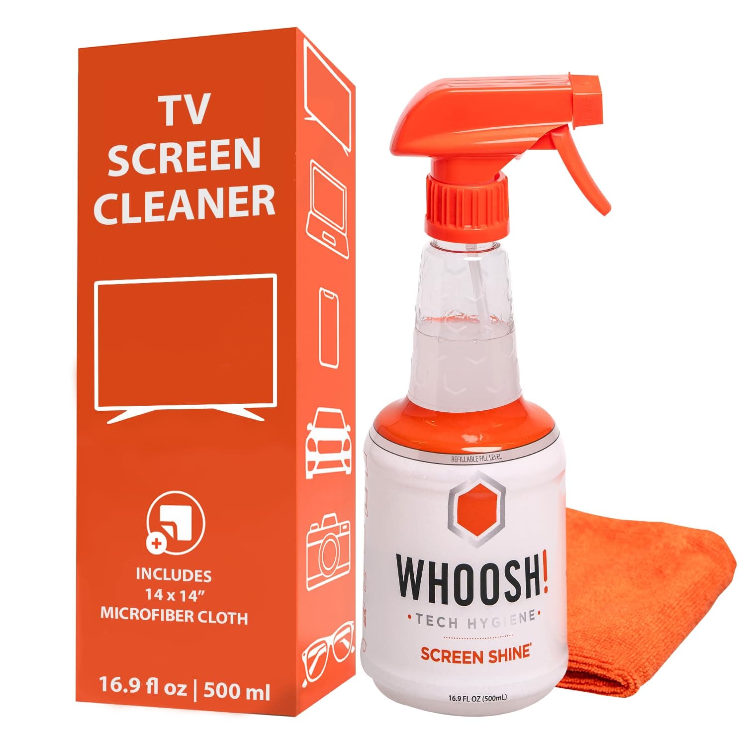 WHOOSH! Limpiador de Pantalla TV Pro para LED, LCD – Kit de Limpieza de Pantalla de TV OLED de 500 ml con paño de Microfibra, Botella Recargable, Limpieza sin Rayas, fórmula Segura y no tóxica