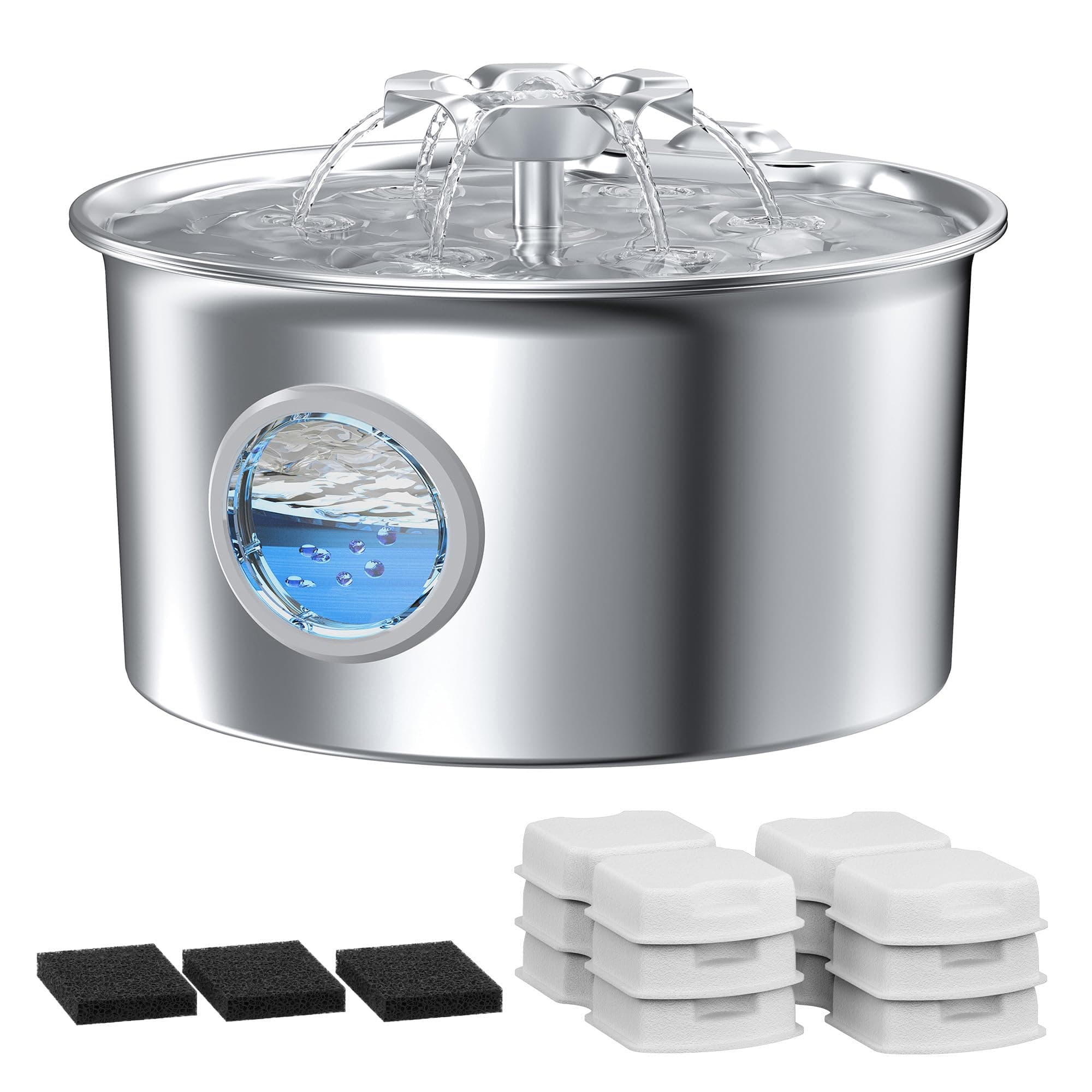 Fontaine Eau Chat INOX Automatique: 2,6L Distributeur Eau Chat Silencieuse - Distributeur Chien INOX - Cascade de Fleurs - avec Fenêtre de Niveau D’Eau - avec 6 Filtres + 3 éponges