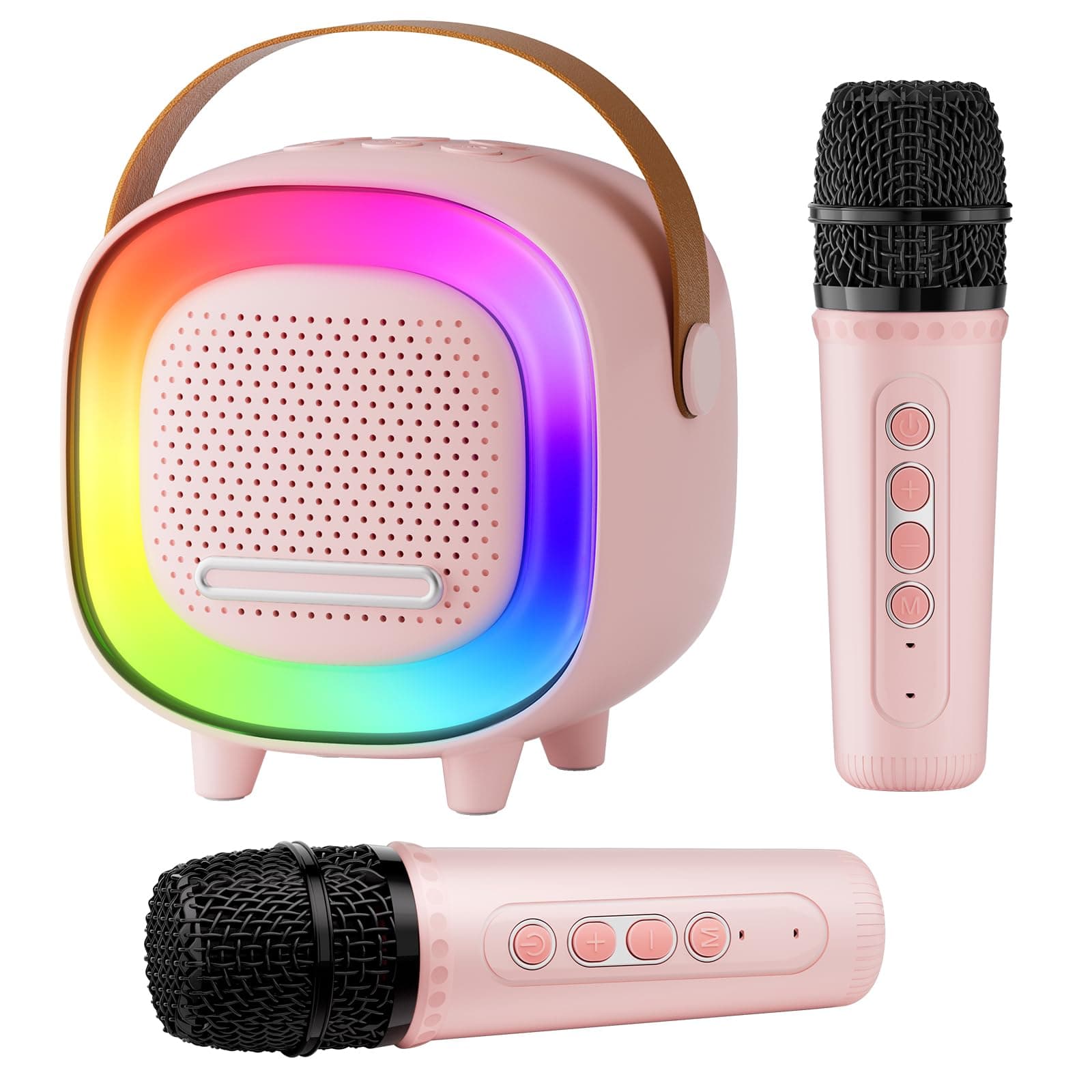 BNEHHOV Mini Máquina de Karaoke para Niños y Adultos 5 Divertidos Efectos de Voz 6 Modos de Iluminación Altavoz Bluetooth Portátil con 2 Micrófonos Inalámbricos Cumpleaños