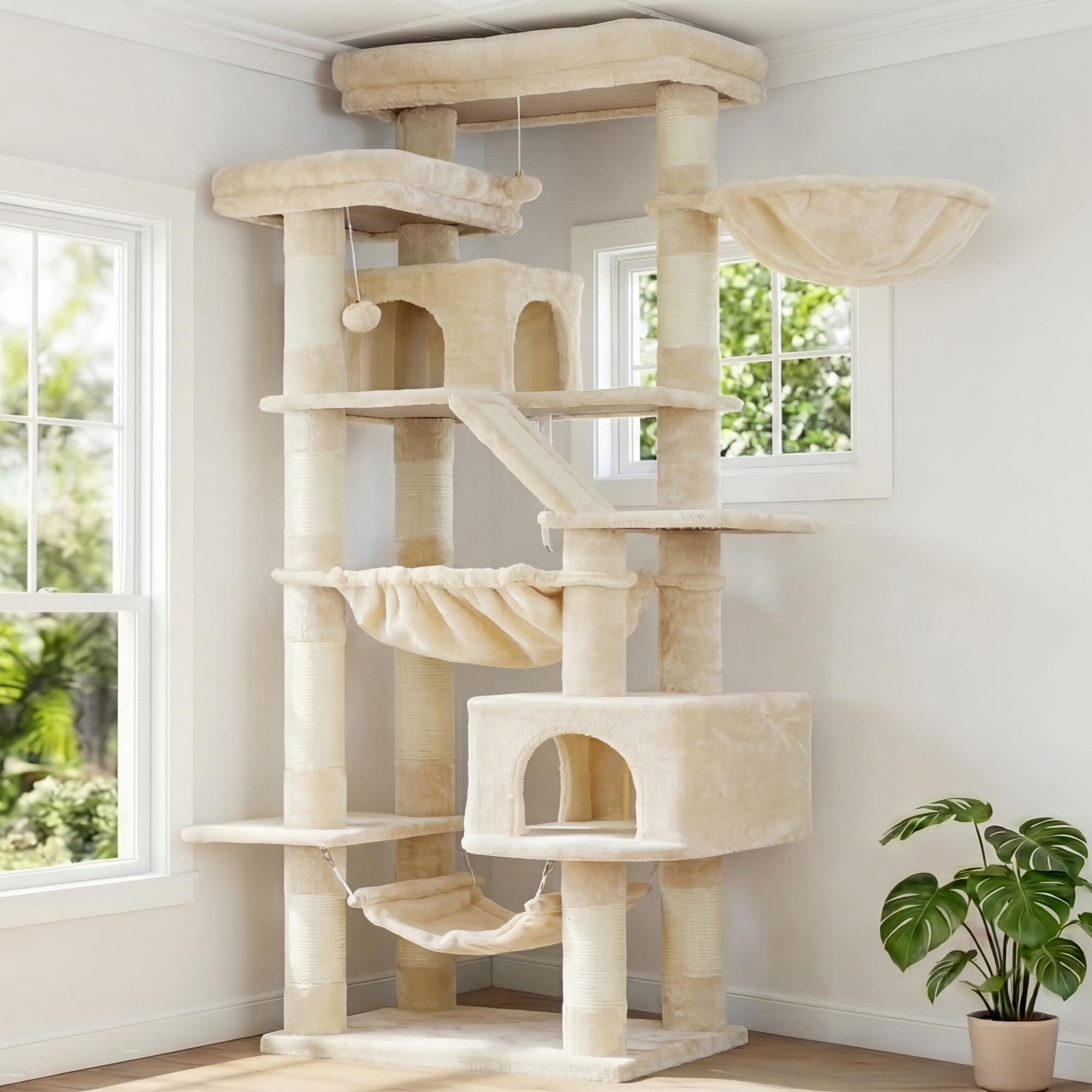 Heybly Rascador para Gatos, Torre De 180 cm, 2 Plataformas, 2 Cabañas, 2 Hamacas, Panel para Arañar. Gran Mueble para Gatos con Espacio De Dormir, Beige HCT034M