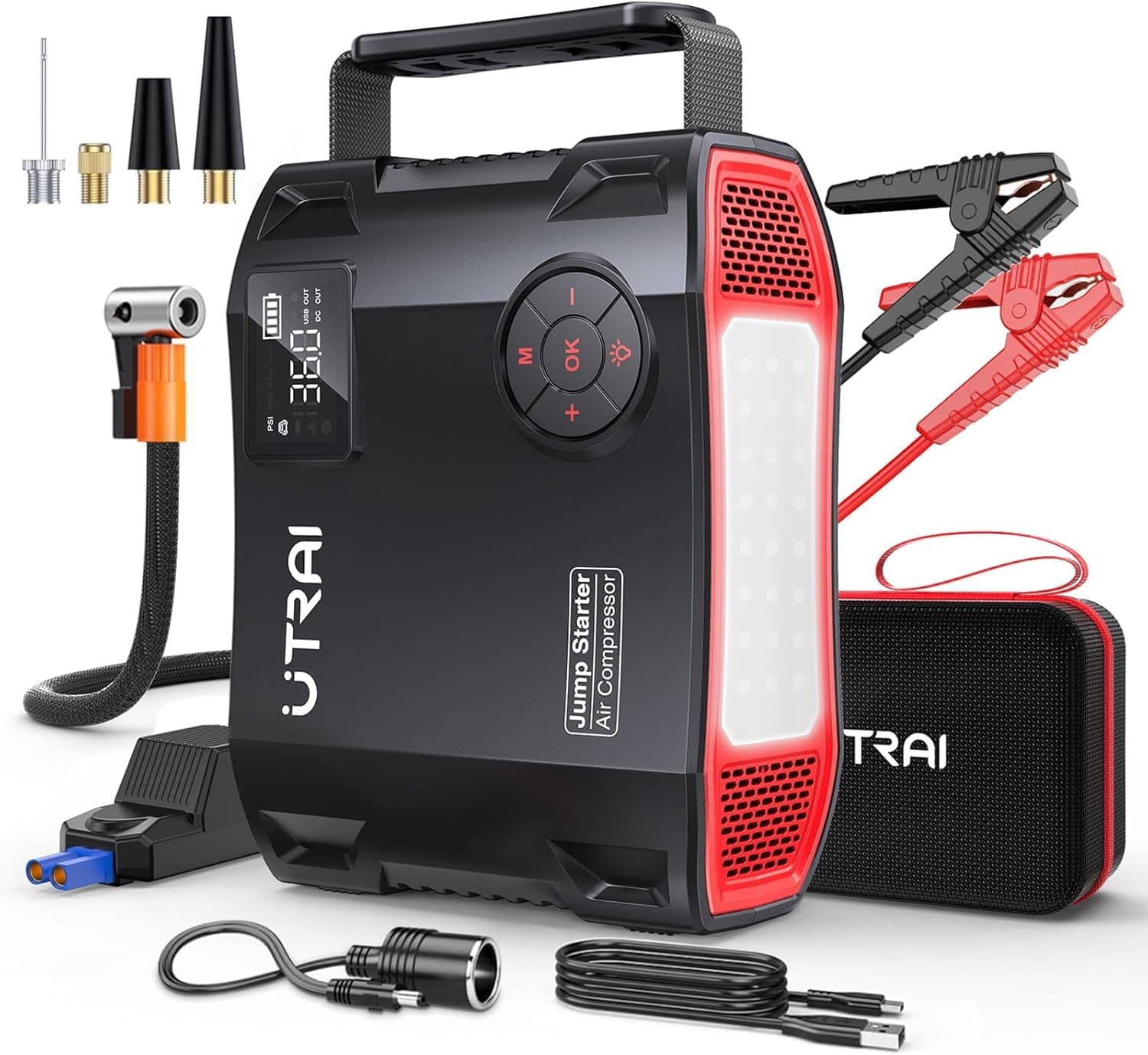 Avviatore Batteria Auto 8000A, UTRAI 27000mAh Avviatore Emergenza Auto con Compressore, DC160W Booster Avviamento Auto/Moto Portatile (Fino a Tutti i Benzina e 12L Diesel)/Doppia USB/1600 Lumen LED