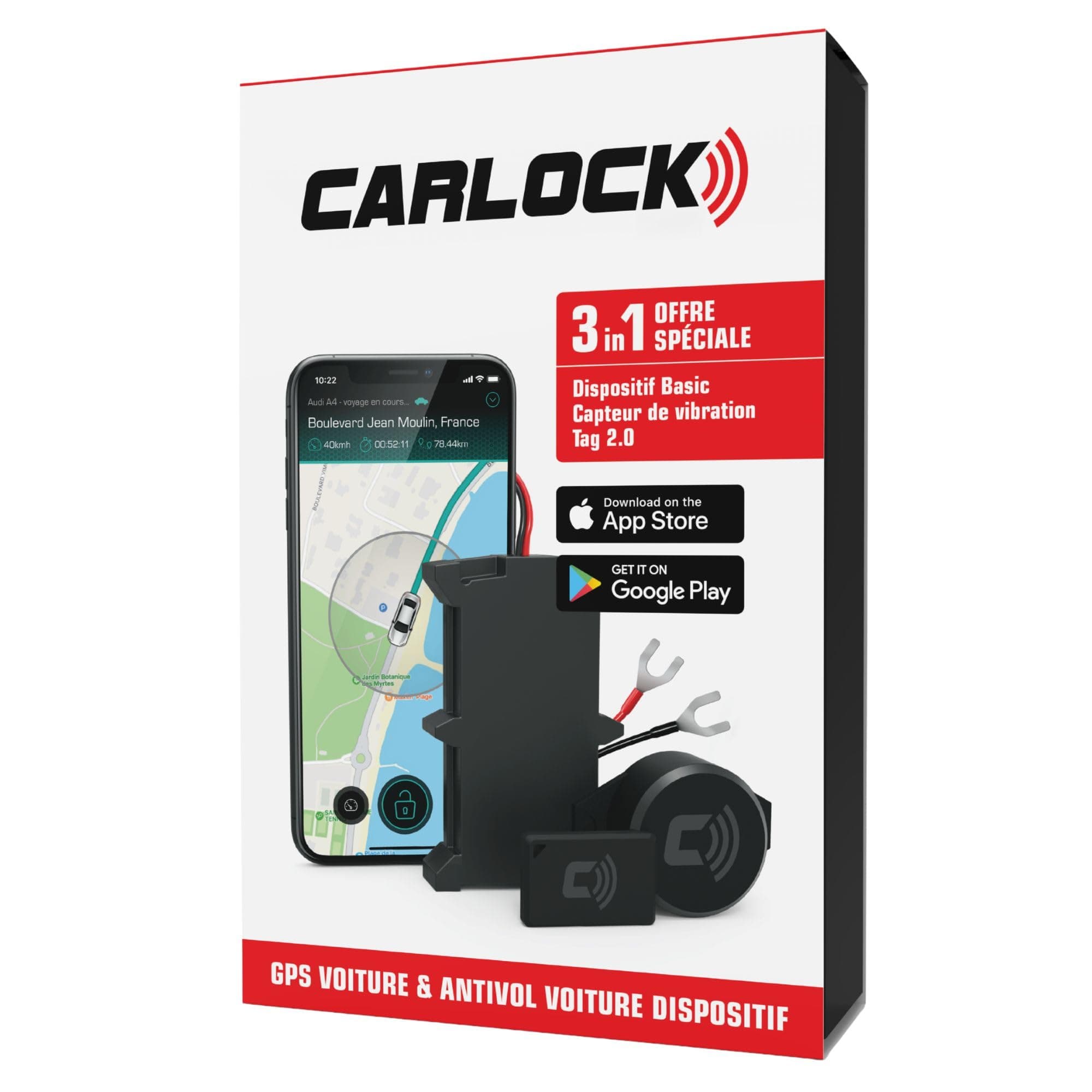 CARLOCK Système de sécurité antivol et alarme - Traceur GPS et capteur de vibration - TAG pour voiture - Application mobile et alertes instantanées