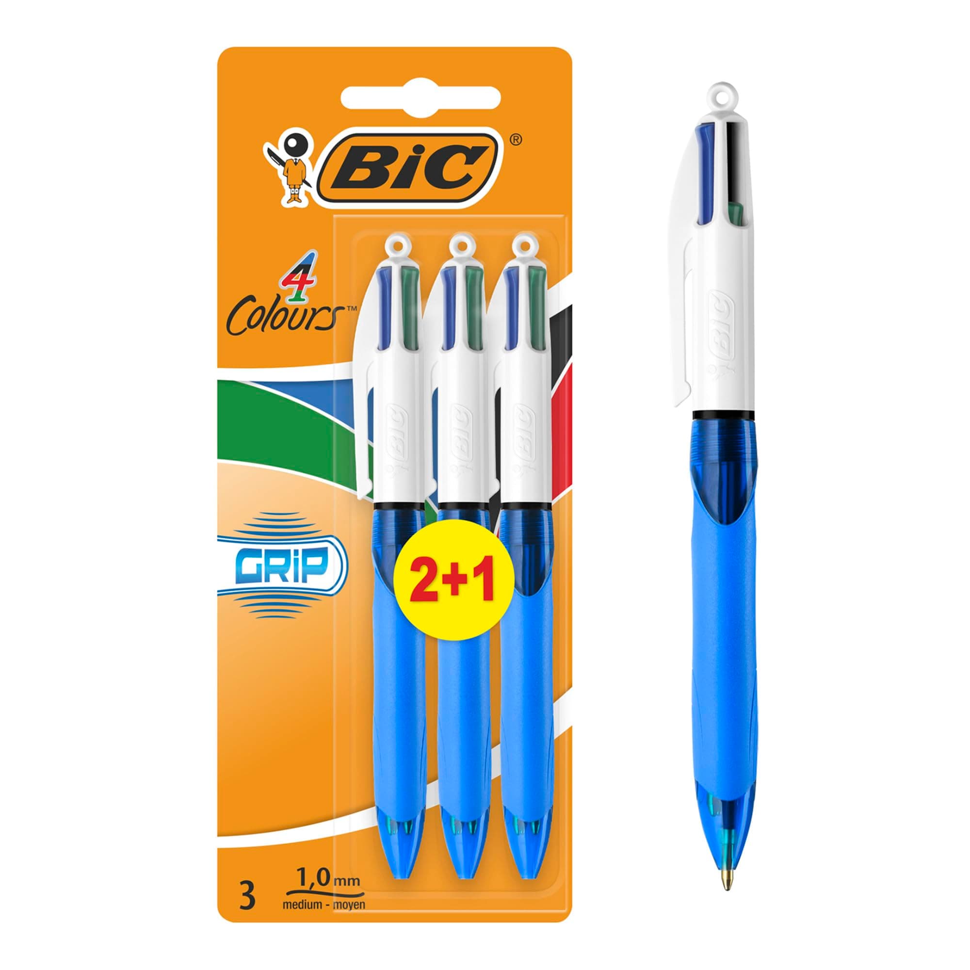 BIC 4 Couleurs Grip Stylos-Bille Rétractables Pointe Moyenne (1,0 mm) , Parfait pour l'Ecole et au Bureau, Format Spécial