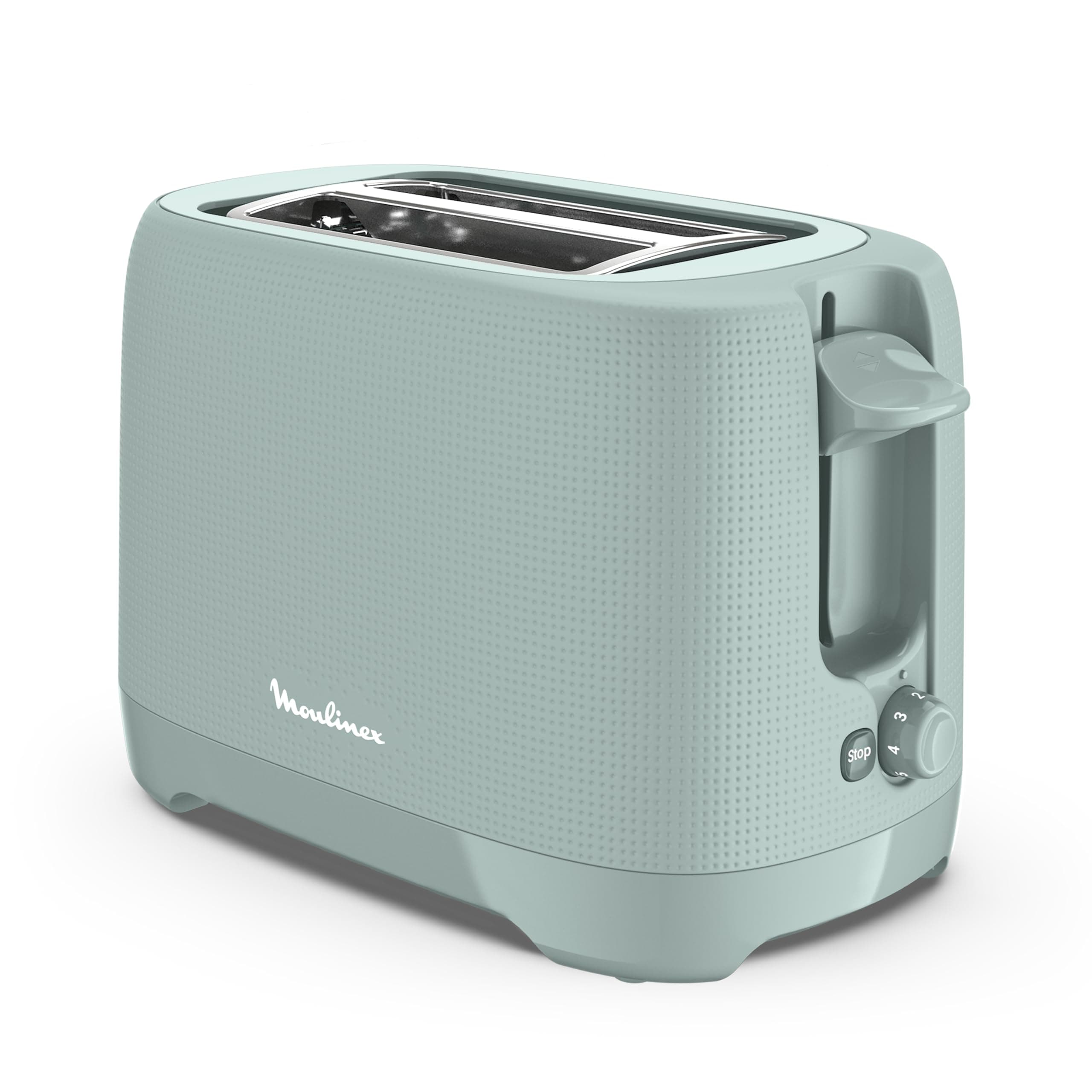 Moulinex Grille-pain 2 fentes extra-larges, Bouton arrêt, 7 niveaux de dorage, Réchauffage, Poignée de surélévation, Tiroir ramasse-miettes amovible, Morning, Eucalyptus, LT2M1310