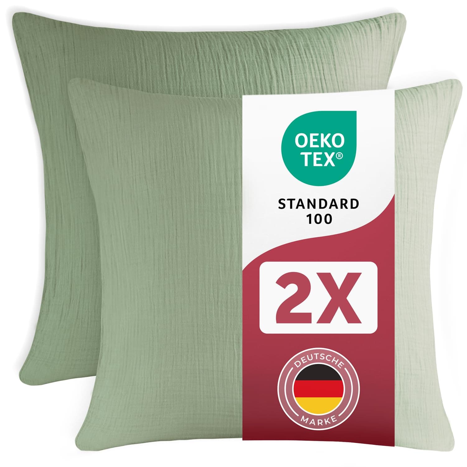 Blumtal Musselin Kissenbezug 80x80 cm 2er Set - Oeko-TEX zert. Musselin Kopfkissenbezug 80x80 aus 100% Baumwolle - weiches Kissen-Set waschbar bei 40 °C - atmungsaktive Sommer Kissenbezüge Sommergrün