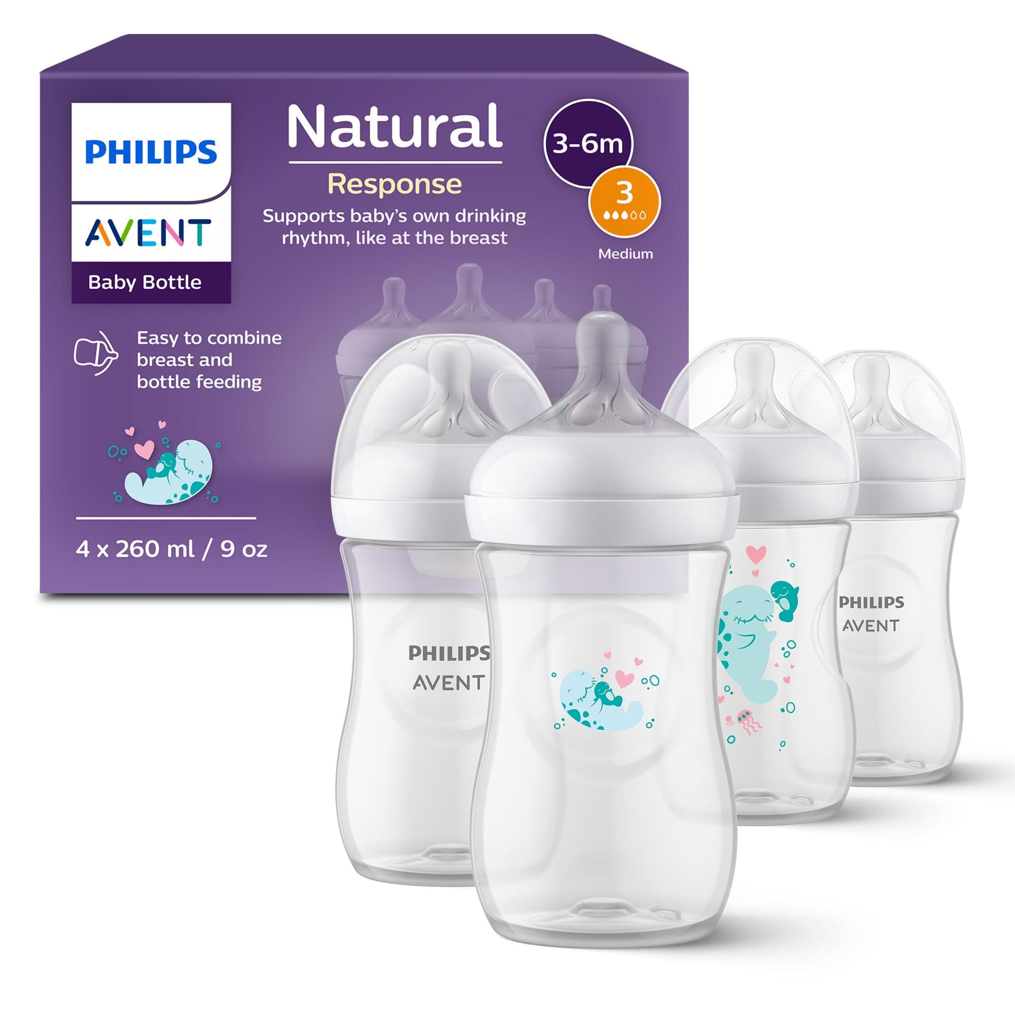 Philips AVENT Natural Response Geschenkset für Babys: 4 Natural Response Babyfläschchen (260 ml) mit T3 Saugern (ab 1 Monat), SCY903/61