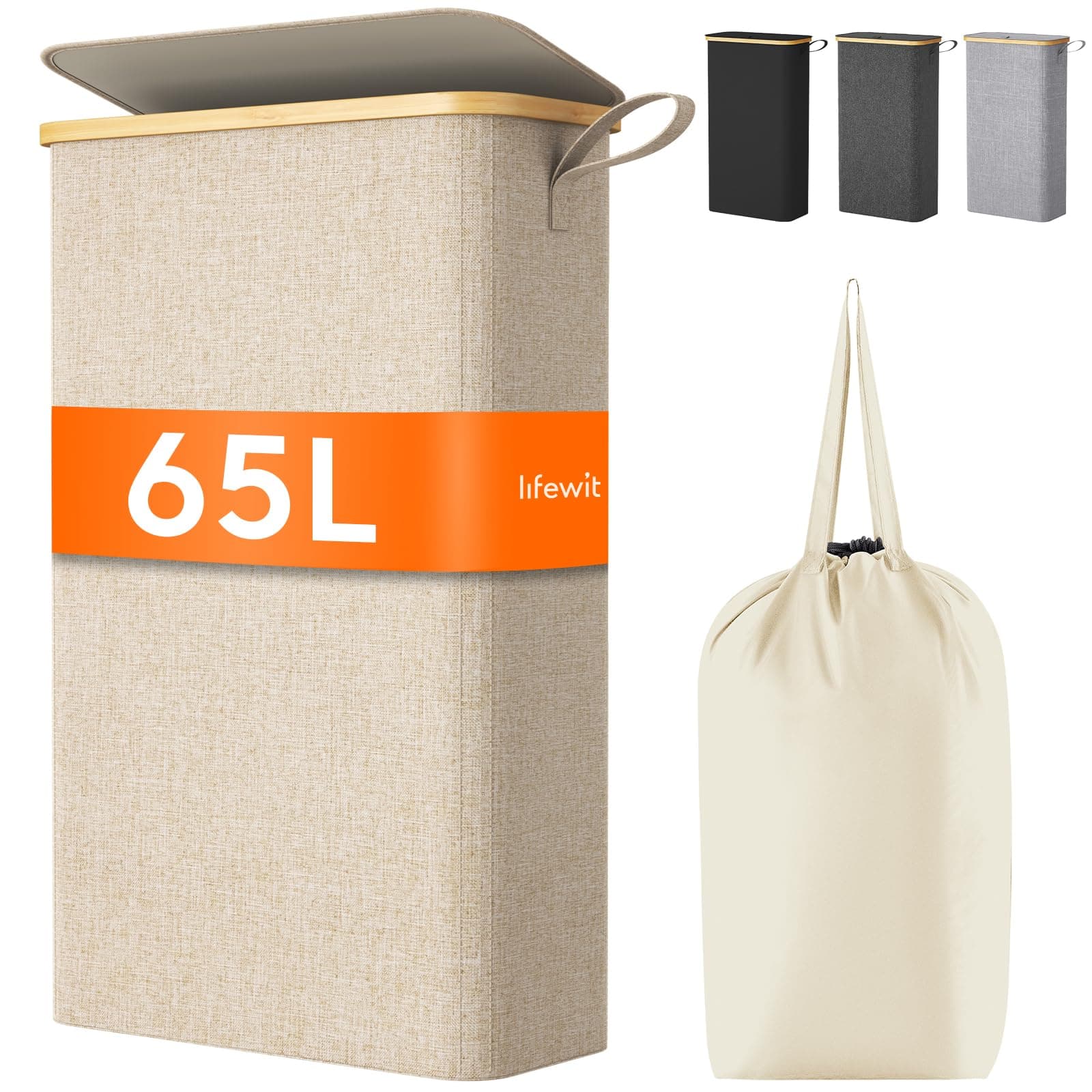 Lifewit Panier Linge Extra Plat, Paniere Linge Sale avec Couvercle, Corbeille a Linge Bambou avec Sac Amovible et Poignée, Bac Linge Etroit pour Chambre, Salle de Bain, Buanderie, 65 L, Beige