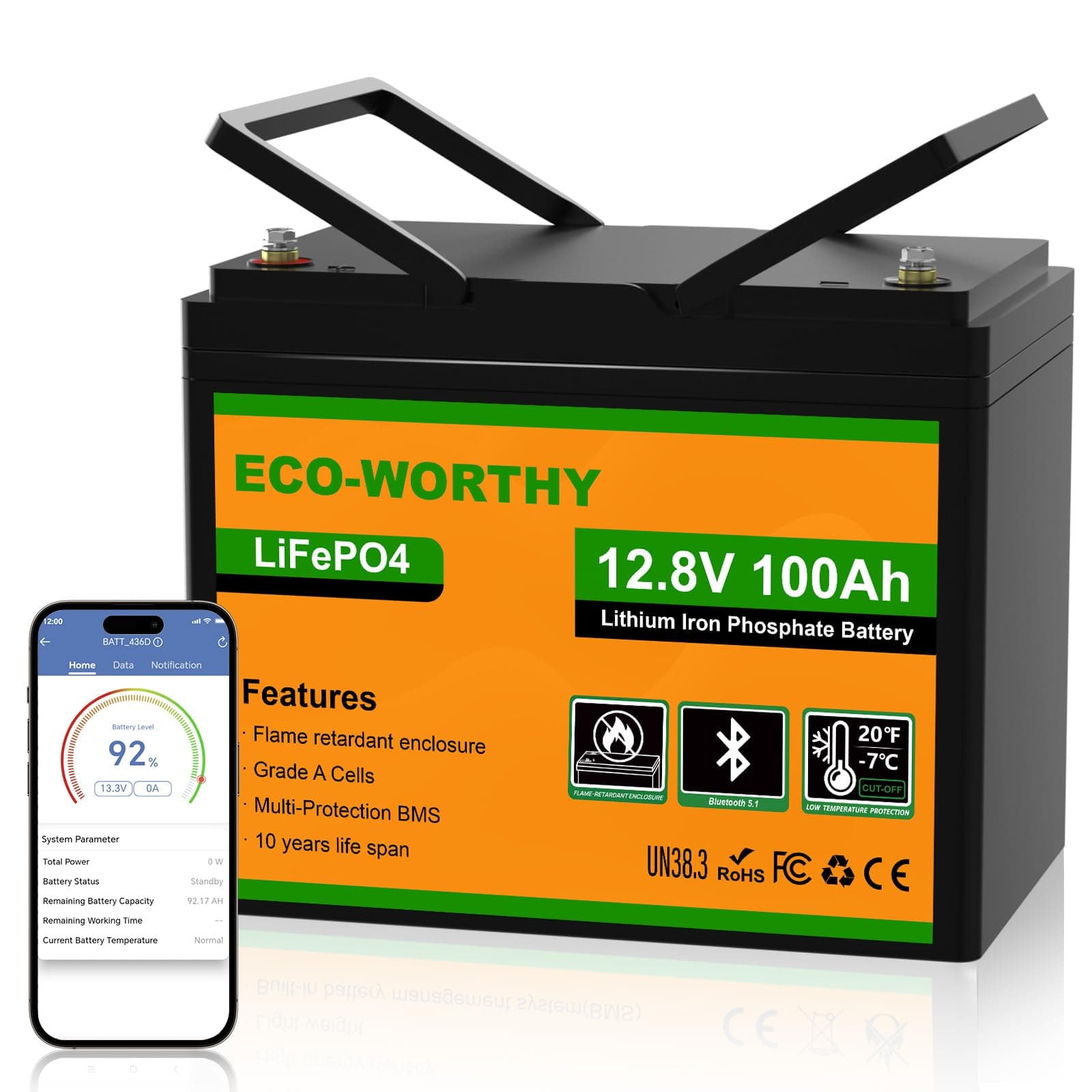 ECO-WORTHY Batterie Lithium 12V 100AH Bluetooth, Batterie LiFePO4 avec Protection à Basse Température, BMS Intelligent, 1280Wh Énergie, pour caravanes, Camping-Car, système Solaire,pêche à la Ligne