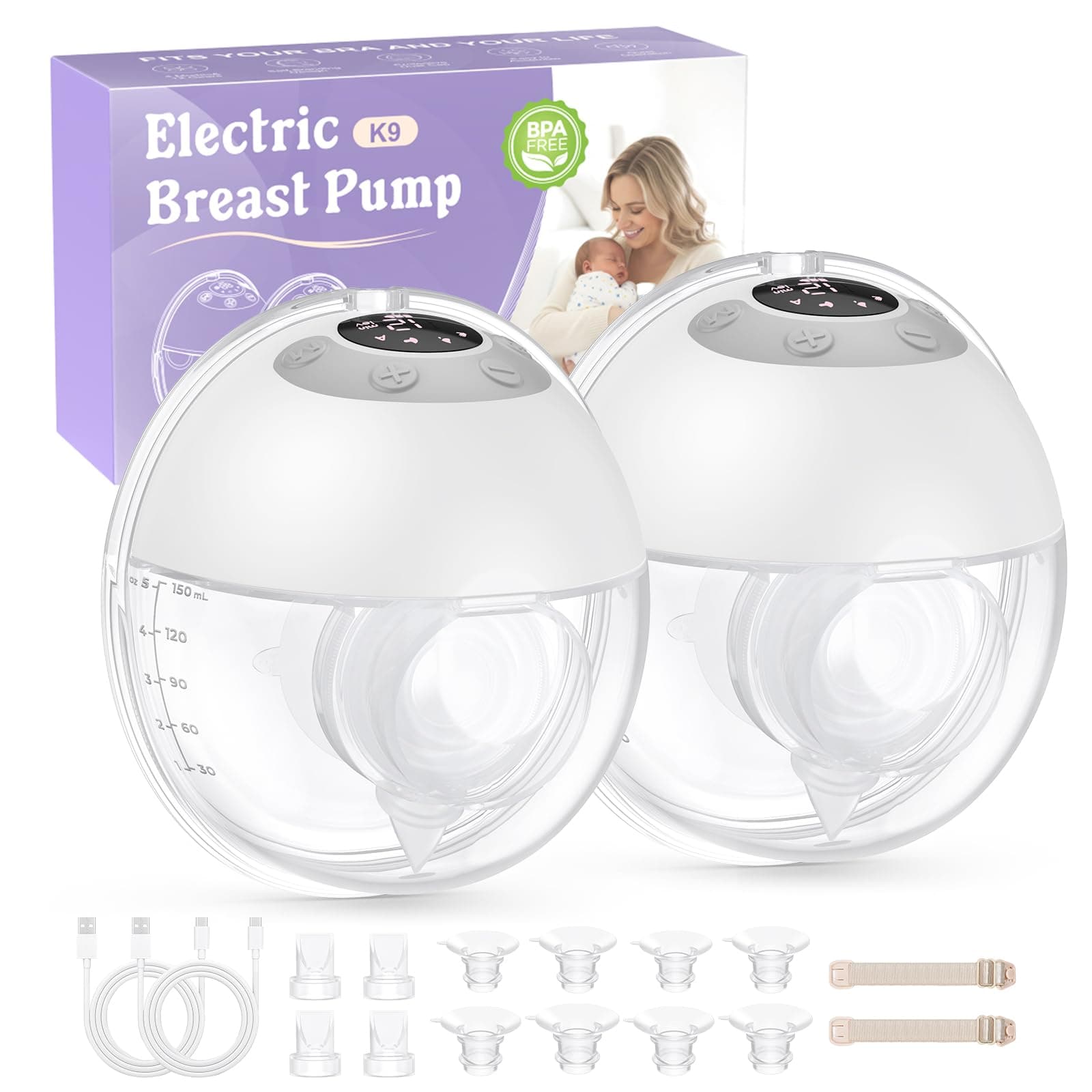 Haokoo Tiralatte Elettrico Indossabile Senza Mani, Tutto in Uno Tira Latte Neonati Elettrico per Uso Quotidiano e Lavoro, 4 Modalità 12 Livelli, Senza BPA, Flange 17/19/21/24/27 mm, 2 Pezzi