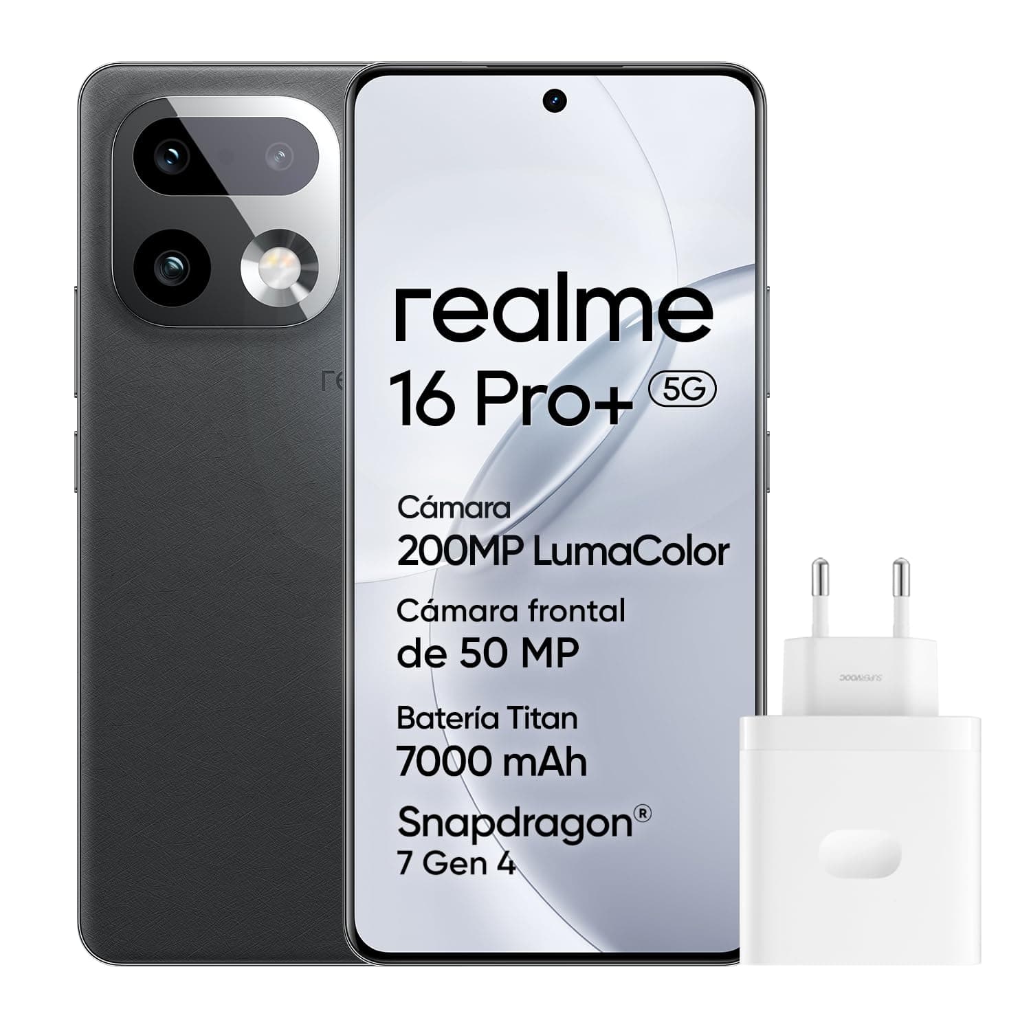 realme 16 Pro+ 5G Smartphone, 8GB+256GB, Pantalla Curva AMOLED 144Hz 6,8", Batería 7000mAh, Cámara 200MP OIS, IP69K, Carga Rápida 80W, Dual SIM, Next AI, Gris (con Adaptador)