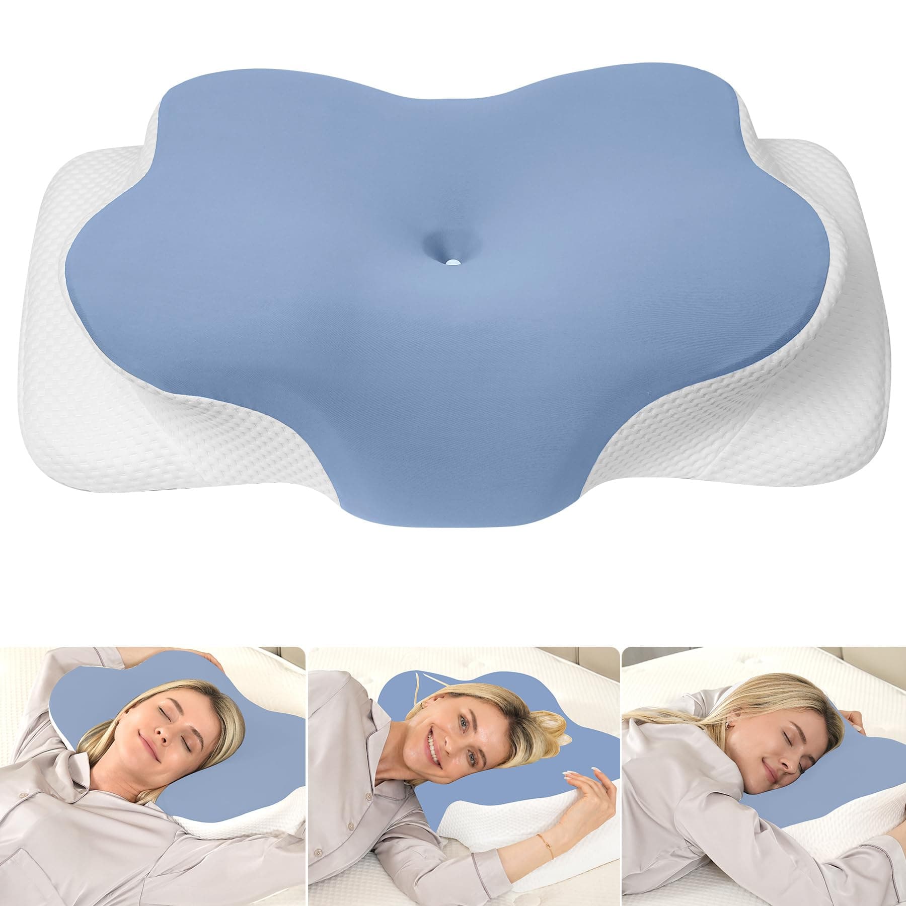 MULISOFT Almohada Cervicales y Cuello, Almohada Cervical de Espuma Viscoelástica, Almohadas Ergonómico para Dormir de Lado y Boca Arriba, Forro Extraíble y Lavable, 67x36x11.5/14.5 cm, P-104 Azul