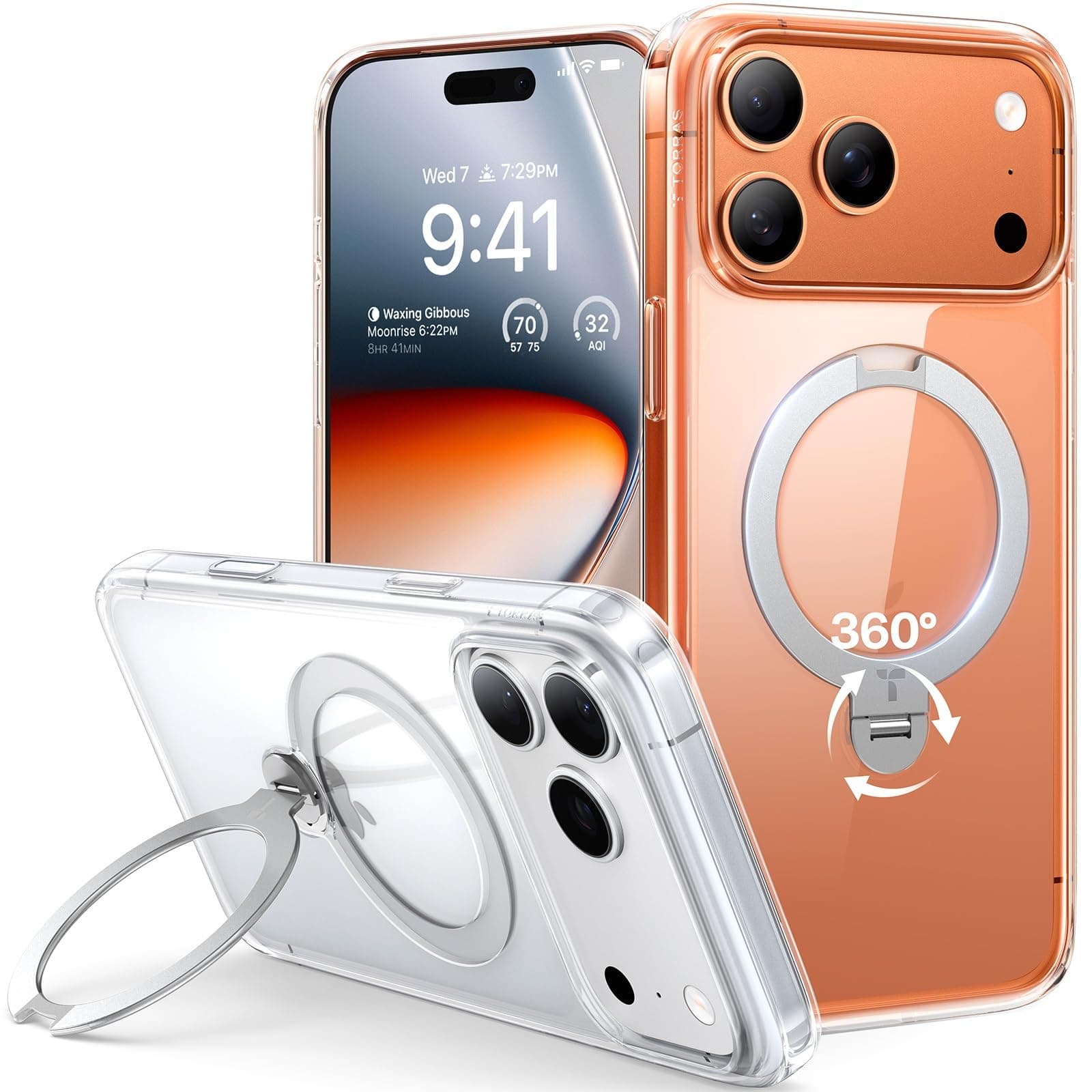TORRAS Ostand Q3 Spin für iPhone 17 Pro Max Hülle (360°Stabilen Ständer für Magsafe) Militärschutz Handyhülle für iPhone 17 Pro Max Case mit Kamera-Tastenschutz Kratzfeste Matt Rückseite Transparent