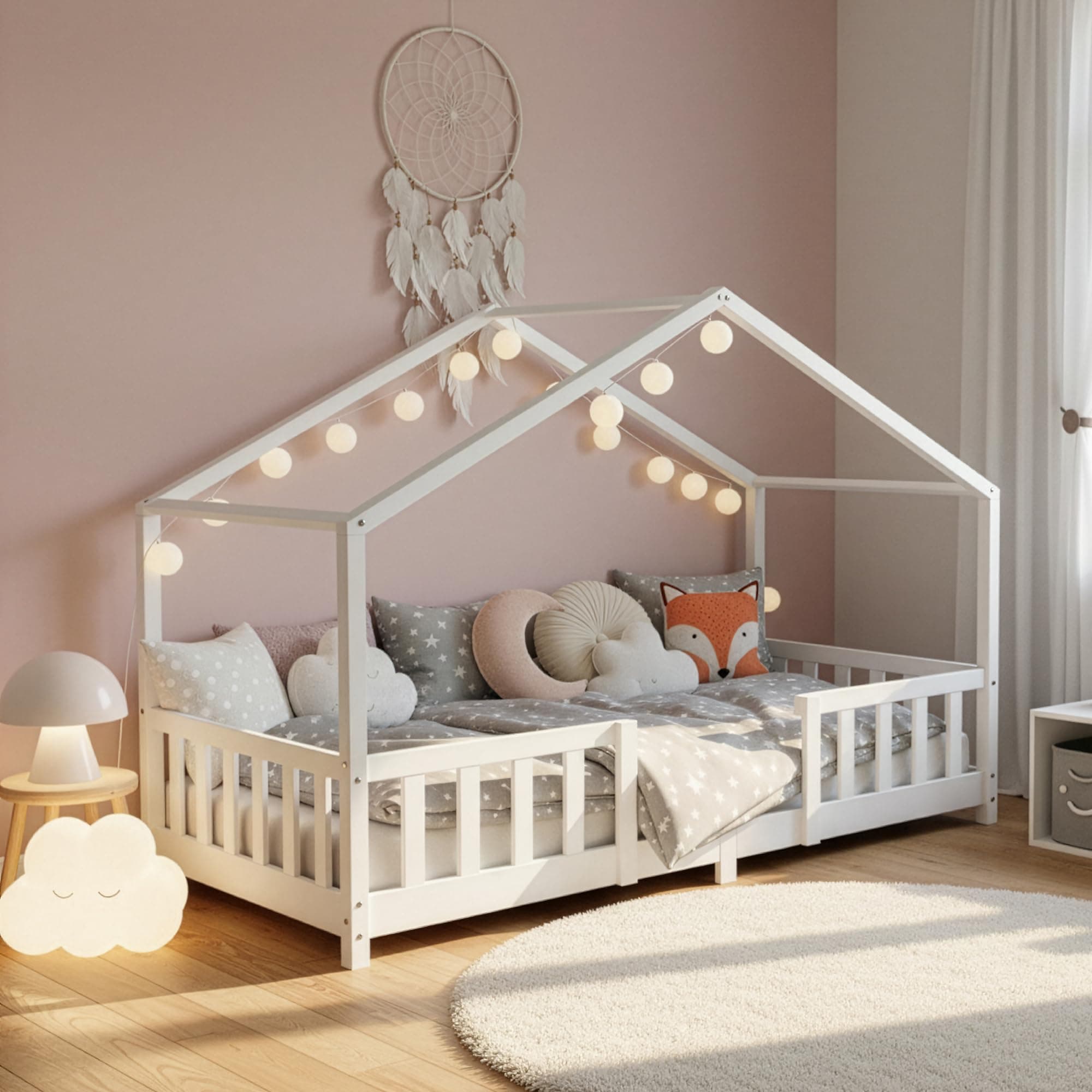 [en.casa] Cama para niños Casita Treviolo hasta 100 kg Cama Infantil con Reja Protectora Forma de Casa de Madera Pino 90 x 200 cm - Blanco Mate Lacado