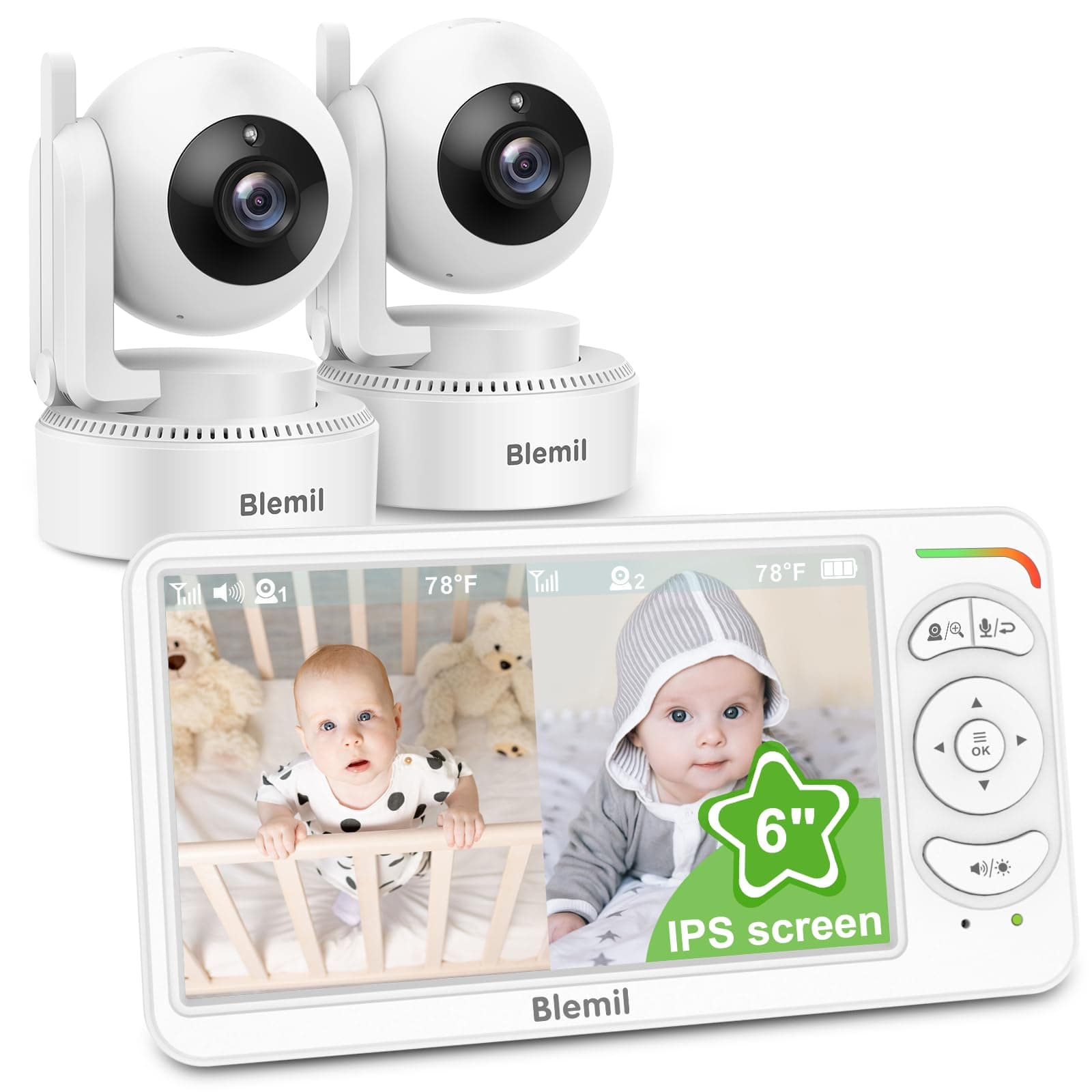 Blemil Babyphone vidéo avec 2 caméras et audio, 6 IPS grand écran divisé, télécommande panoramique/inclinable/zoom, caméra de surveillance vidéo avec vision nocturne claire et autonomie de la batterie