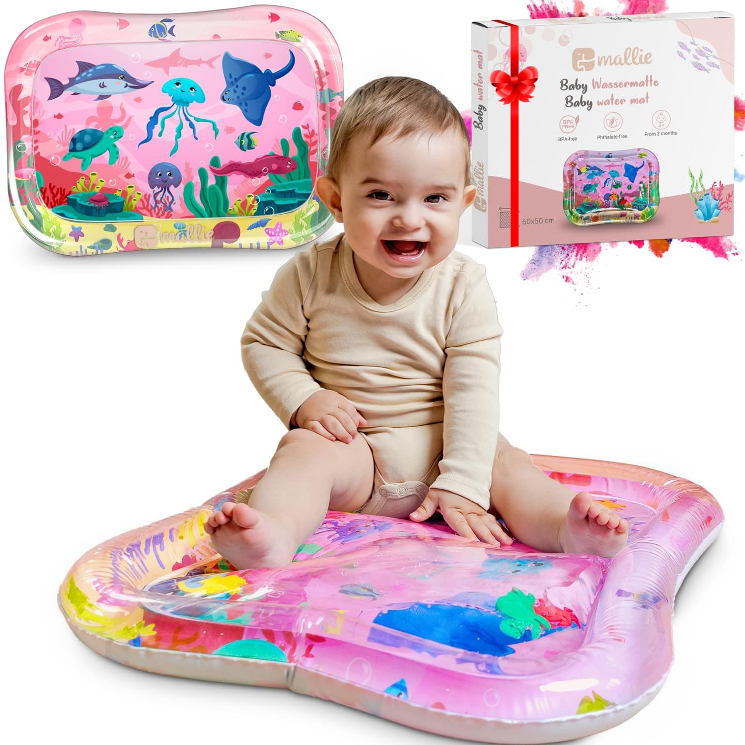 Mallie® Tappeto Acqua Neonati Tummy Time | Tappetino Sensoriale Neonato Gonfiabile con Acquario | Giochi Bambini Tummy Time e Sviluppo Motorio | Tappetino Neonati Sicuro e Confortevole