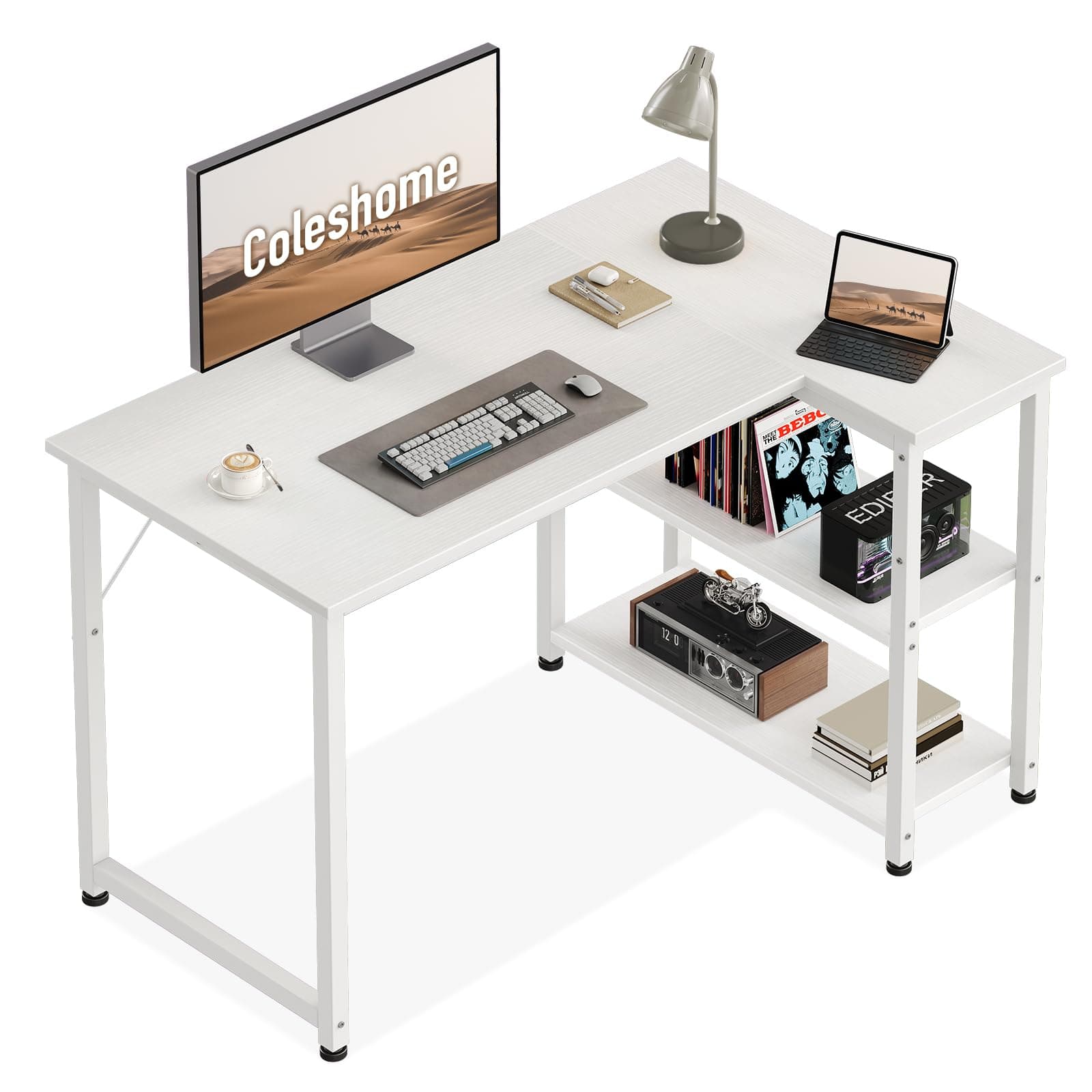 Coleshome Escritorio Esquinero, 100x70 cm Mesa Escritorio con Estantes de Almacenamiento Reversible, Escritorios Ordenador Blanco Que Ahorra Espacio, Escritorios en l Adecuado para la Oficina en Casa