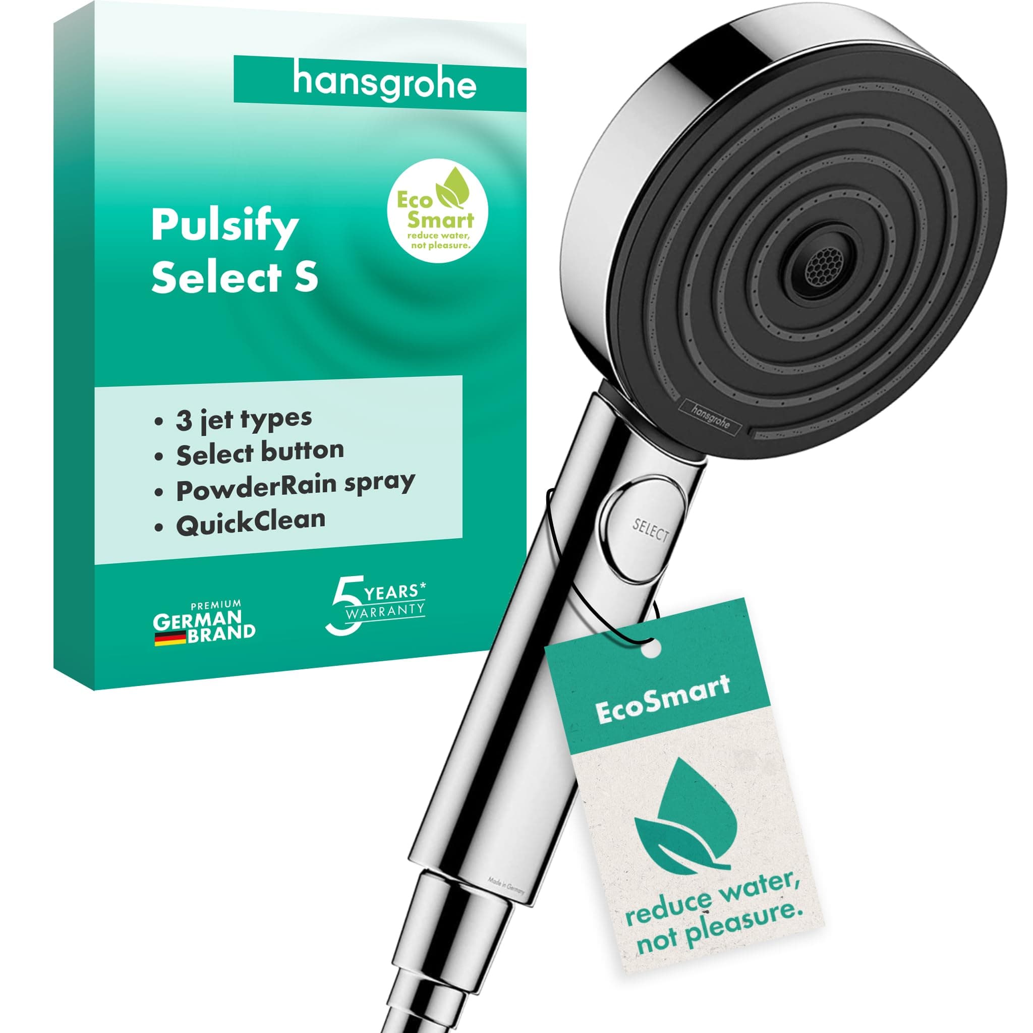 hansgrohe Pulsify Select S - Pommeau de douche économie d'eau avec 9 l/min (EcoSmart), Douchette à main avec 3 types de jet (Edition Relaxation), Douchette ronde (diamètre 105 mm), Chromé