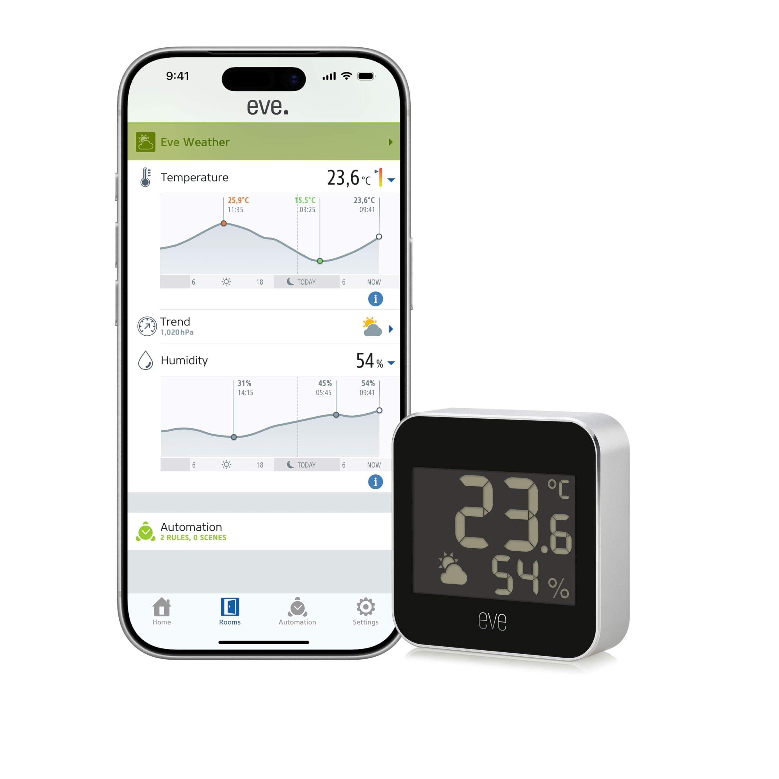 Eve Weather (Matter) – Station météo connectée avec température, taux d'humidité, tendance météo, IPX4 résistance à l'eau, Accès par commande vocale avec Google/Alexa/Siri, Nécessite un concentrateur