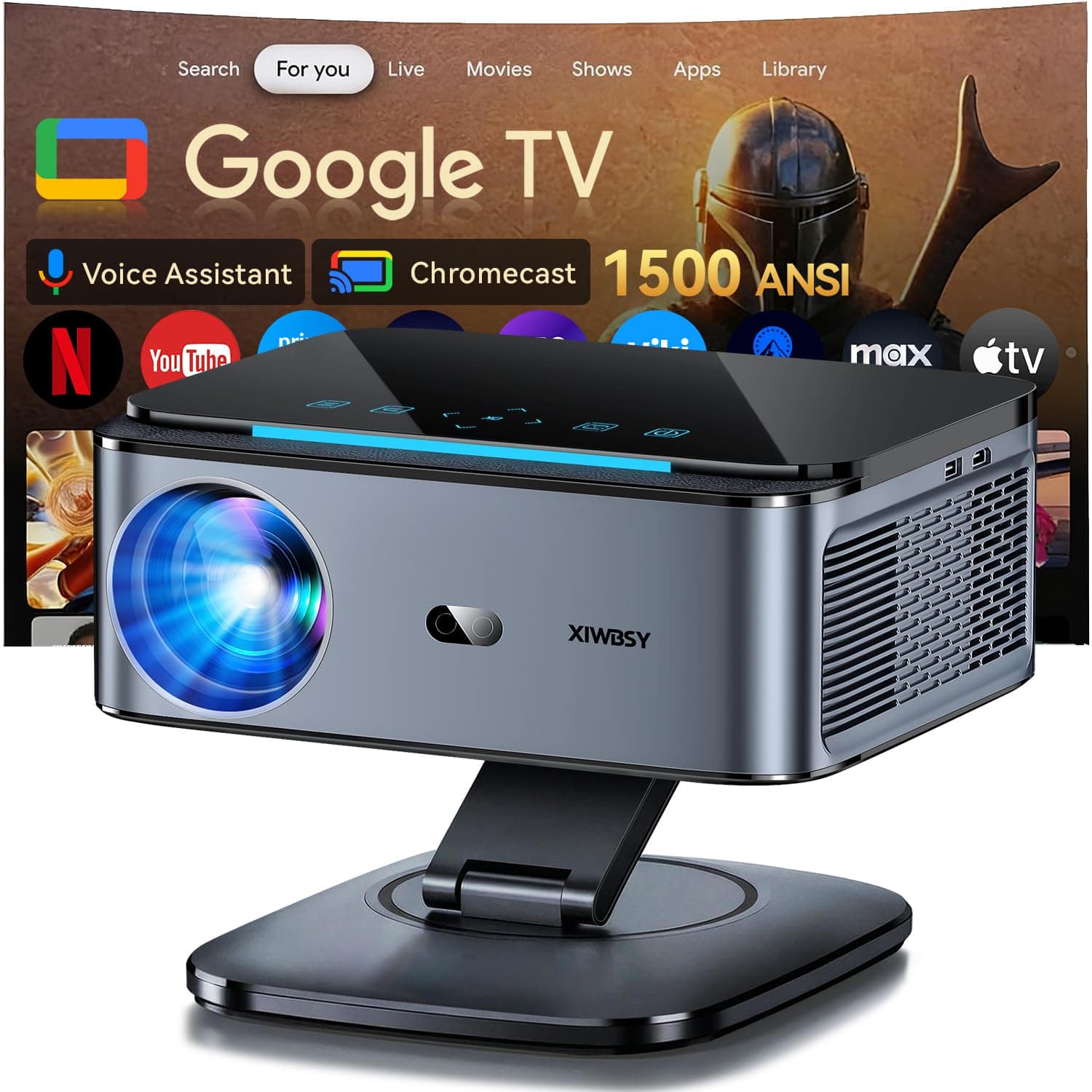Videoprojecteur【LIC Off Google TV/1500 ANSI/Rotation 360°】 XIWBSY 2026 Projecteur Video Contrôle Vocal, Auto Focus/Keystone, Retroprojecteur 4K Supporté 38000 Lumen, Projector Bluetooth Home Cinéma