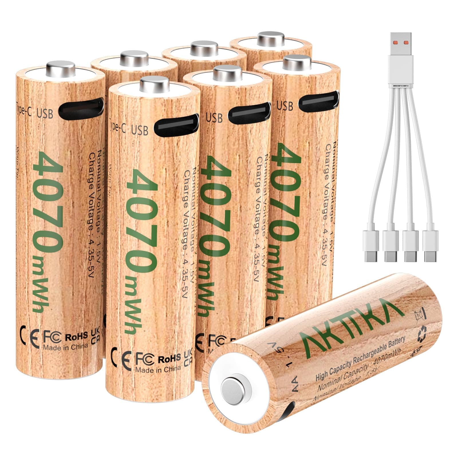 AKTTKA Juego de 8 Pilas AA de Litio 4070 mWh, 1,5 V, con Cable de Carga USB C de 1 a 4 USB, Gran Potencia para mandos de Juegos, cerraduras de Puertas Inteligentes, cámaras de vigilancia
