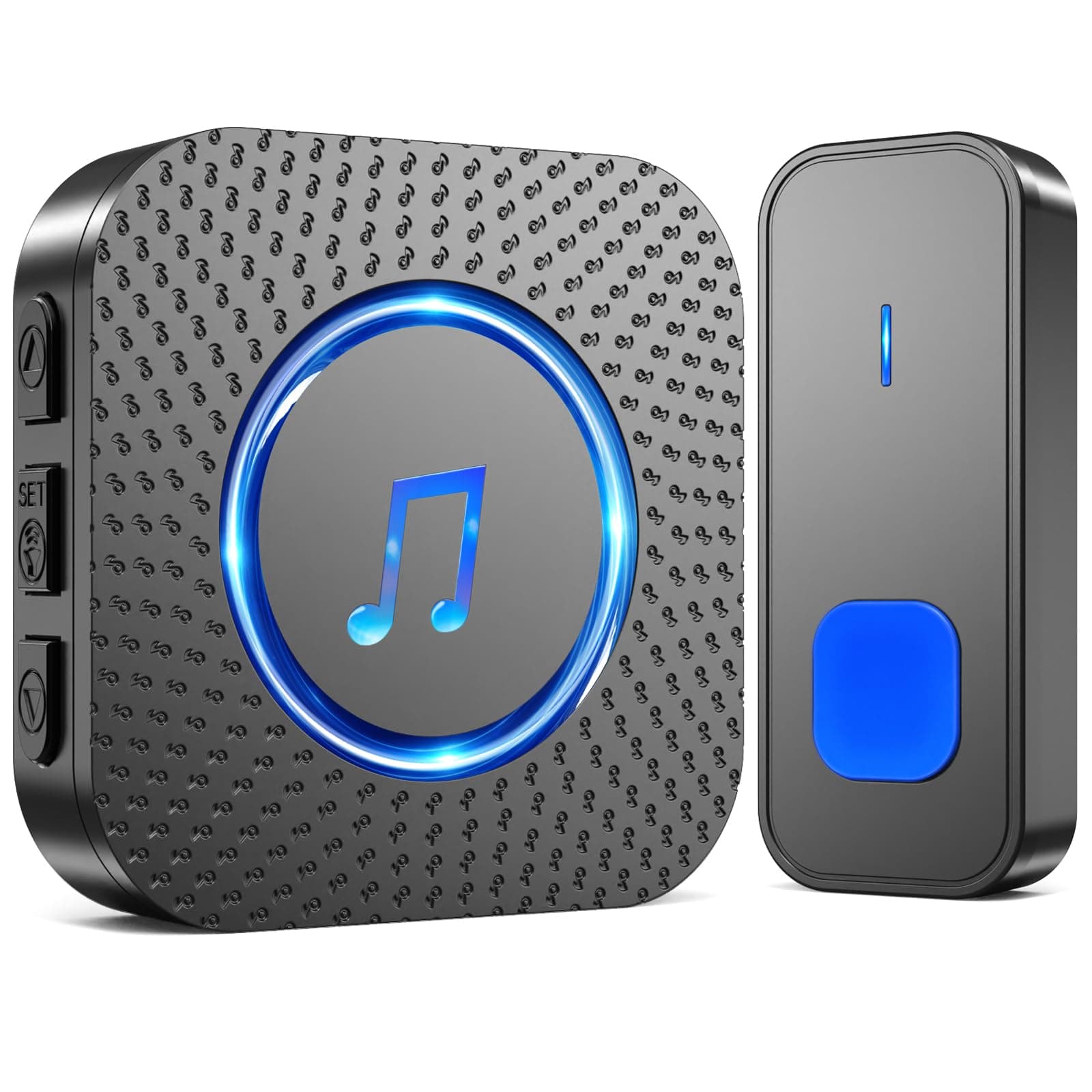 SURFOU Sonnette sans Fil, 400M Sonnette Longue Portée Exterieur Étanche Electronique, Kit de Carillon avec Récepteurs Enfichables pour la Maison, LED Bleu, 55 Mélodies, 5 Niveaux Volumes, Noir