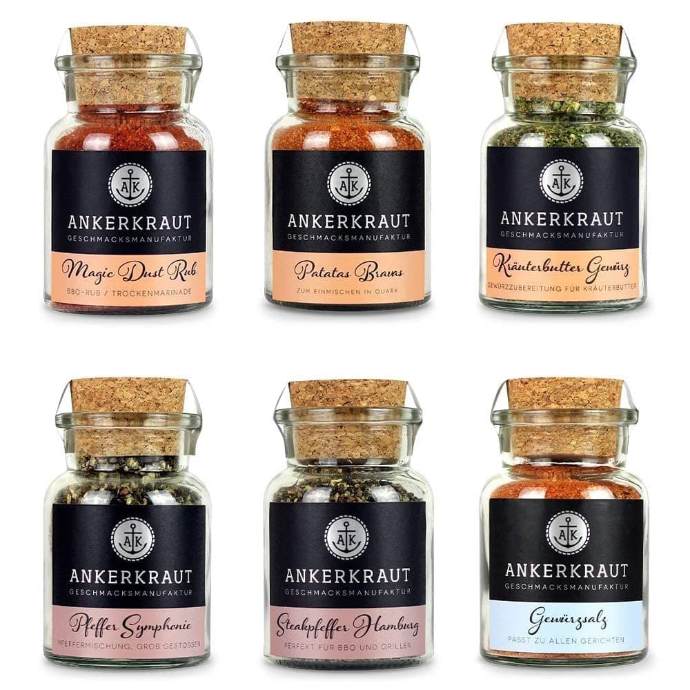 Ankerkraut Grill Set 6 Gewürze, das BBQ Starter-Set für leidenschaftliche Griller und Grillerinnen, Geschenke für Männer und Frauen, 6 Gewürzgläser enthalten