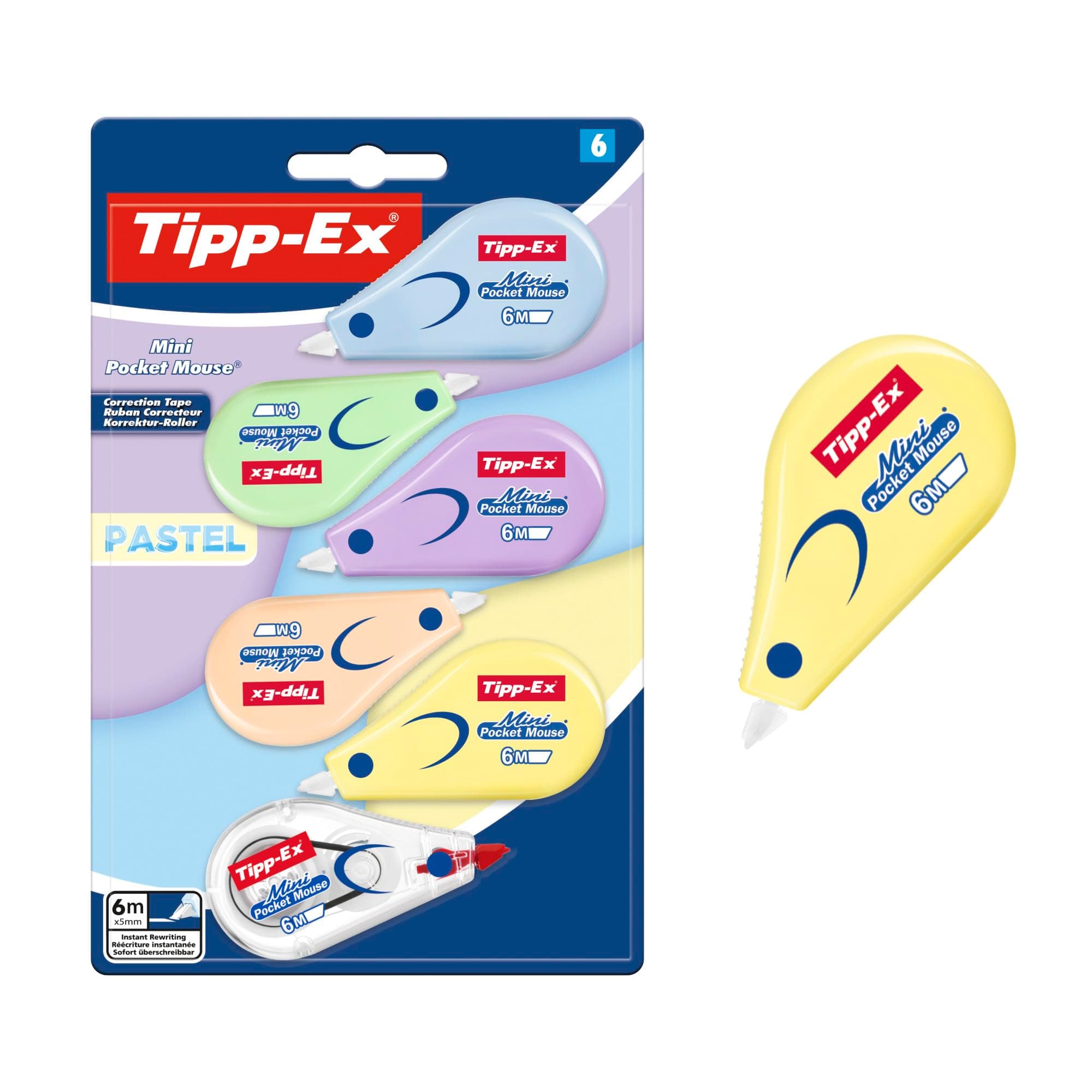 Tipp-Ex Mini Pocket Mouse Korrekturroller Pastell (6 m x 5 mm) – 5 Pastellfarben und 1 durchsichtige Farbe, Packung à 6