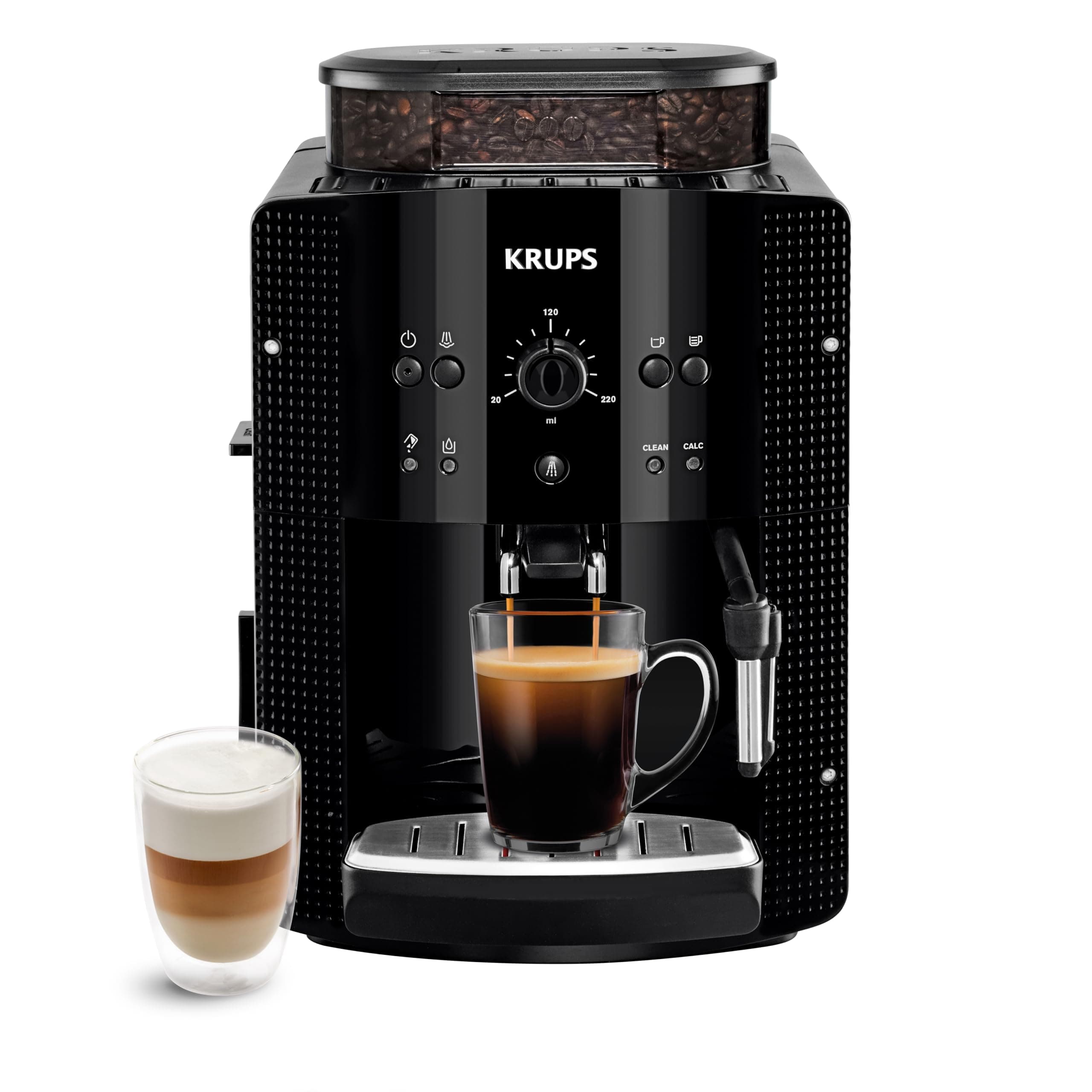 Krups Machine à café grain, machine expresso, 2 tasses en simultané, Nettoyage automatique, Buse vapeur pour Cappuccino, Cafetière espresso, Essential noire YY8125FD, Noir
