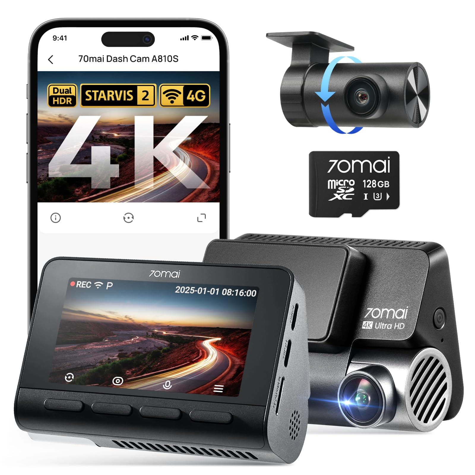 70mai Dashcam Voiture A810S, 4K+1080P Dashcam Voiture Avant Arrière Double STARVIS 2, HDR Vision Nocturne, 4G LTE, ADAS, GPS Intégré, WiFi & App Contrôle，Mode Stationnement avec Carte MicroSD 128 Go