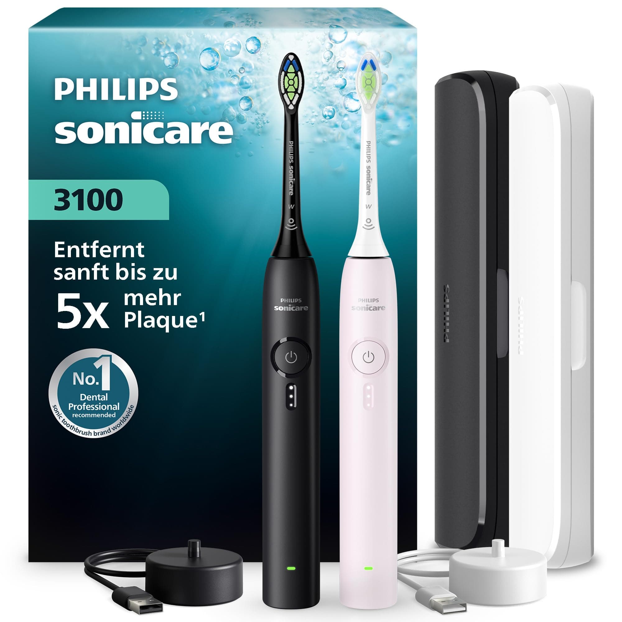 Philips Sonicare Series 3100 Elektrische Zahnbürste – Schallzahnbürste, Drucksensor, 3 Intensitäten, EasyStart, SmarTimer, 14 Tage Laufzeit, Reiseetui, Schwarz & Rosa, 2er, HX4072/42, [Neu]