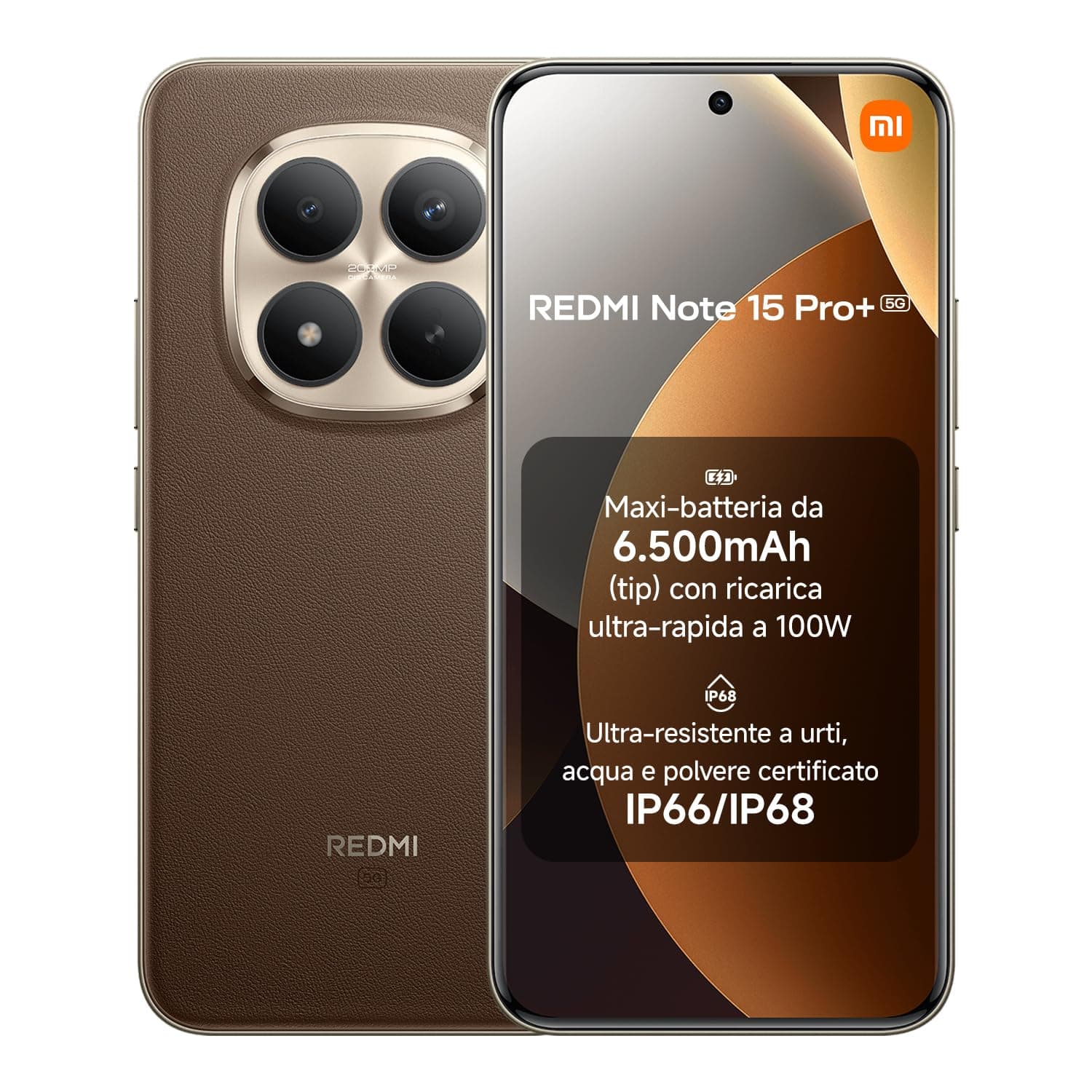 XIAOMI Redmi Note 15 Pro+ 5G, Smartphone 8+256GB, Batteria massiccia da 6500 mAh, IP66/IP68, Nuova fotocamera 200 MP, Display AMOLED da 6,83", Marrone Mocha, Garanzia 2 anni, Caricatore non incluso