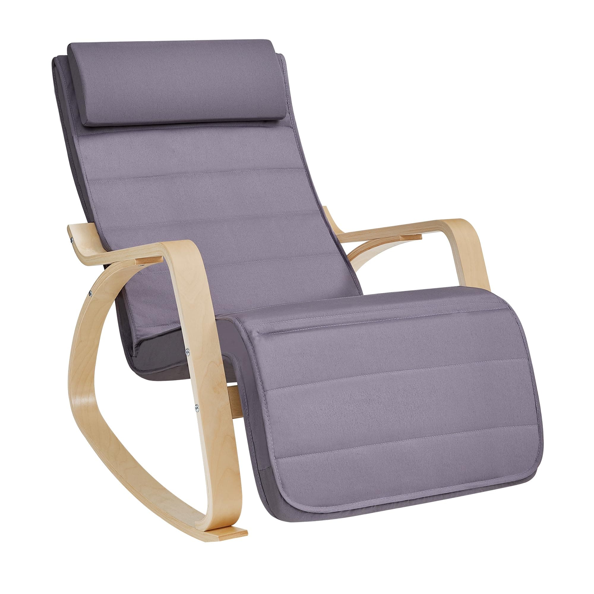 SONGMICS Silla Mecedora, con Apoyabrazos de Madera de Abedul, Silla Mecedora con Reposapiés Ajustable en 5 Posiciones, Máx. Carga de 150 kg, Dormitorio, Salón, Gris Claro y Natural LYY010G01