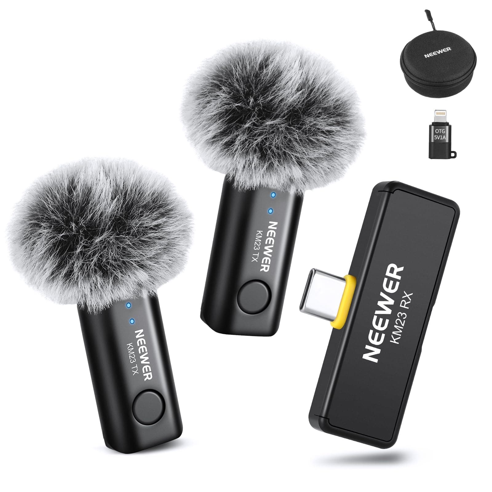 NEEWER Micrófono Lavalier inalámbrico para iPhone Android PC Portátil Alcance de 131 pies/40 m Cancelación de Ruido Micrófono Omnidireccional para Vlogging Transmisión en Vivo (1x RX + 2x TX), KM23