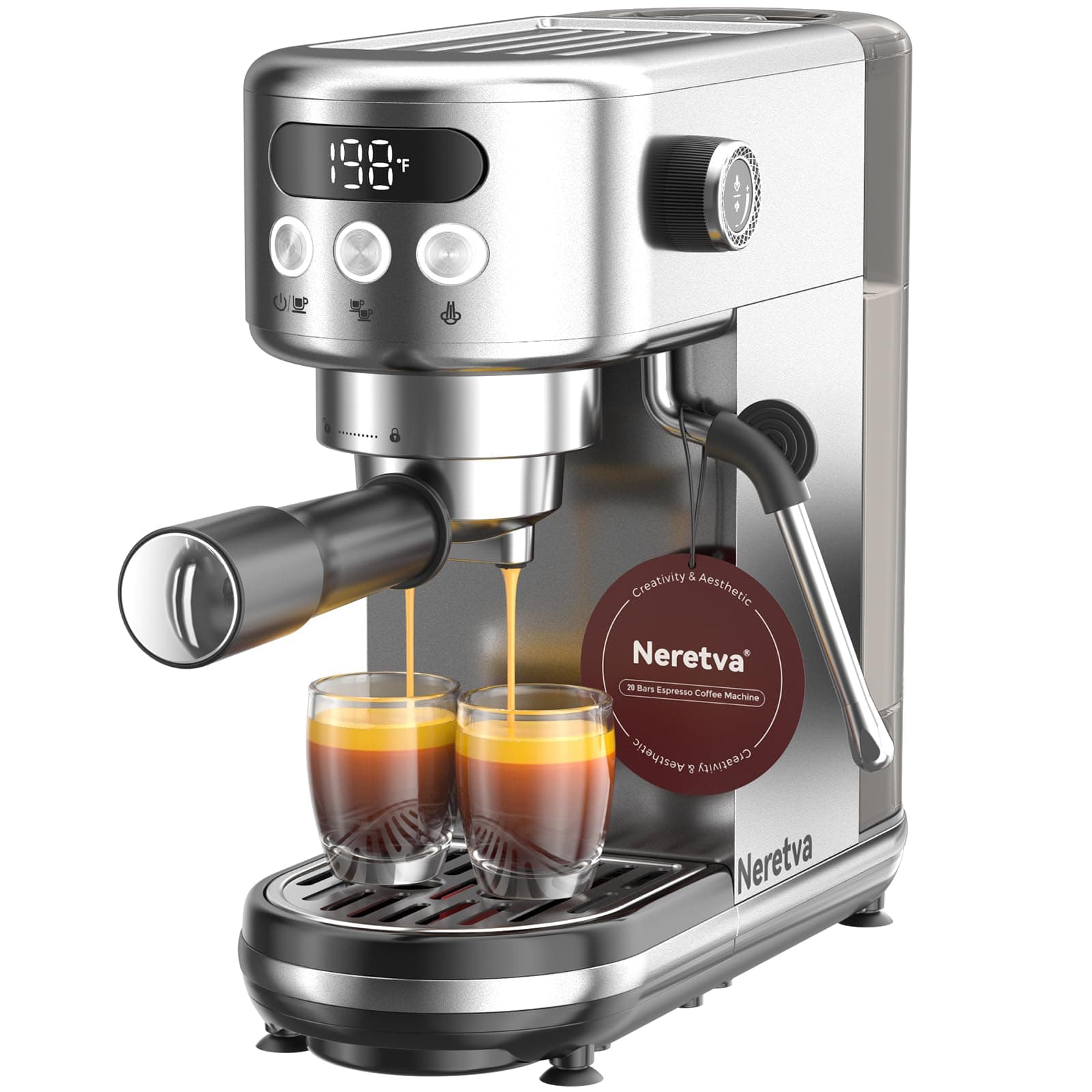 Neretva Cafetera, 20 Bares Cafetera Espresso 1350W Ultracompacta de Acero Inoxidable Con Pantalla LED & Vaporizador & Depósito de1.3 L Cafetera Express Profesional Doméstica – Espresso/Macchiato/Latte