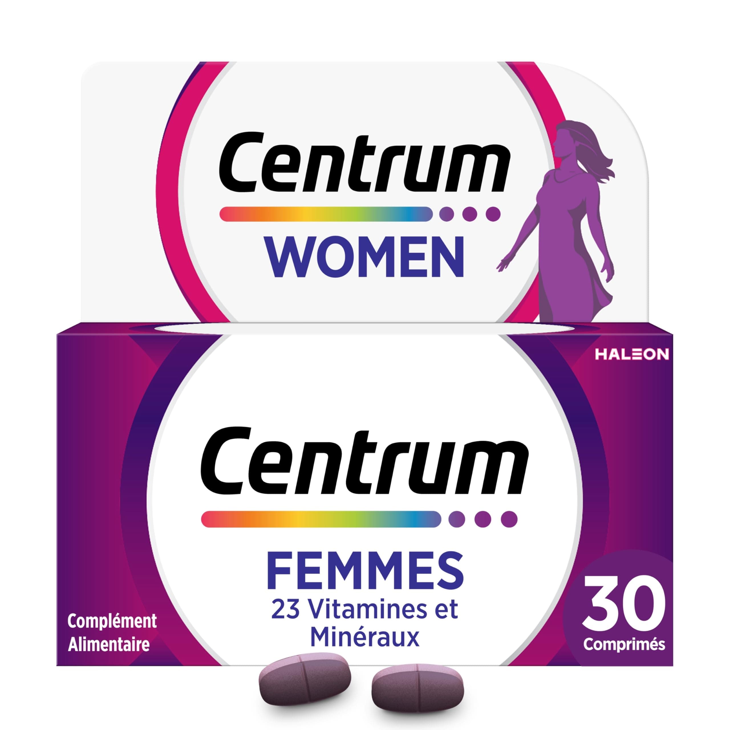 CENTRUM Women - Multivitamines et Minéraux pour Femme - 23 nutriments Vitamine D, C, B12, B7, Fer & Zinc - Complément Alimentaire Fatigue, Immunité & Peau, Cheveux, Ongles - 30 Comprimés - 1 Mois