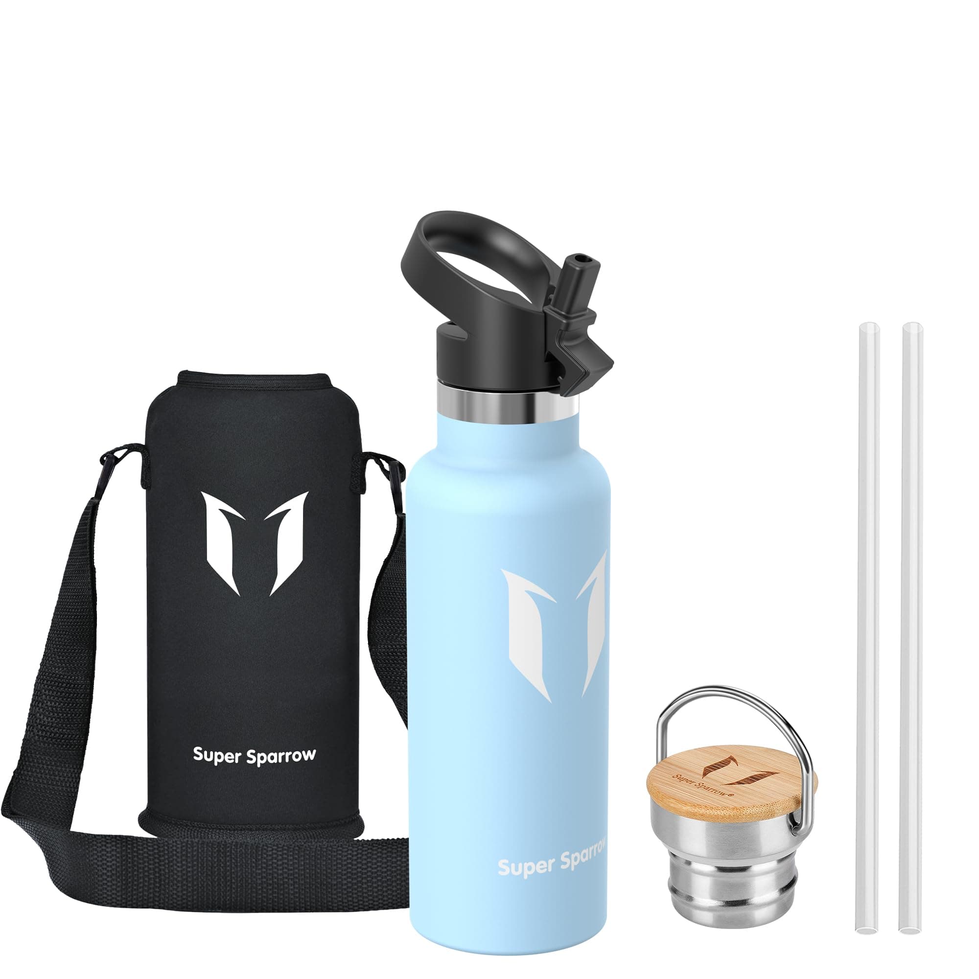 Super Sparrow Trinkflasche Edelstahl - 500ml/750ml/1L - Auslaufsicher Thermoskanne, BPA-Frei Wasserflasche - Thermosflasche Kinder für Sprudel, Sport, Schule, Fitness - Mit 2 Deckeln