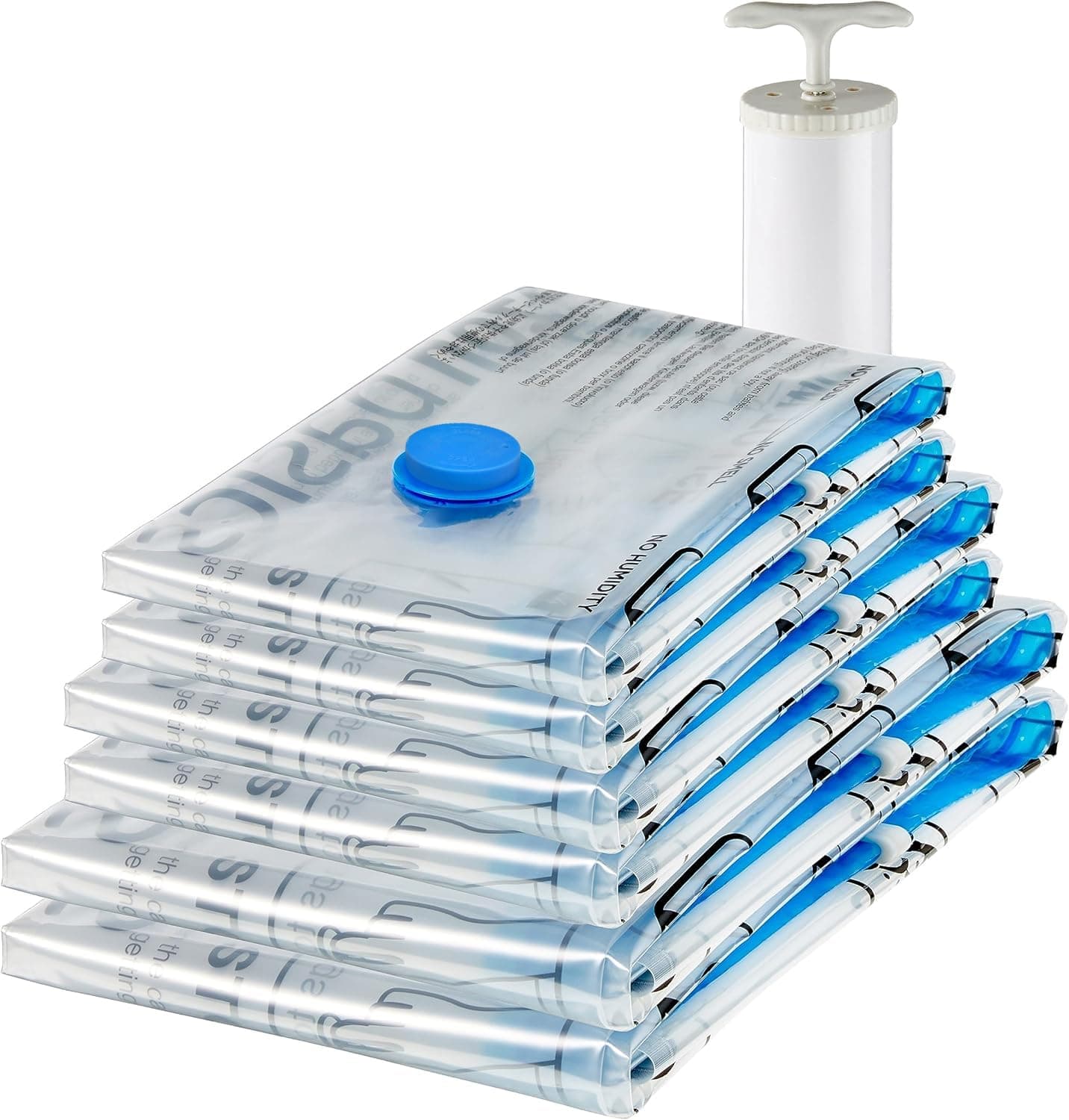 Amazon Basics Sacchetti sottovuoto con pompa a mano, Cerniera, confezione da 6 (2 jumbo, 2 grandi, 2 medi) Molteplici, Trasparente