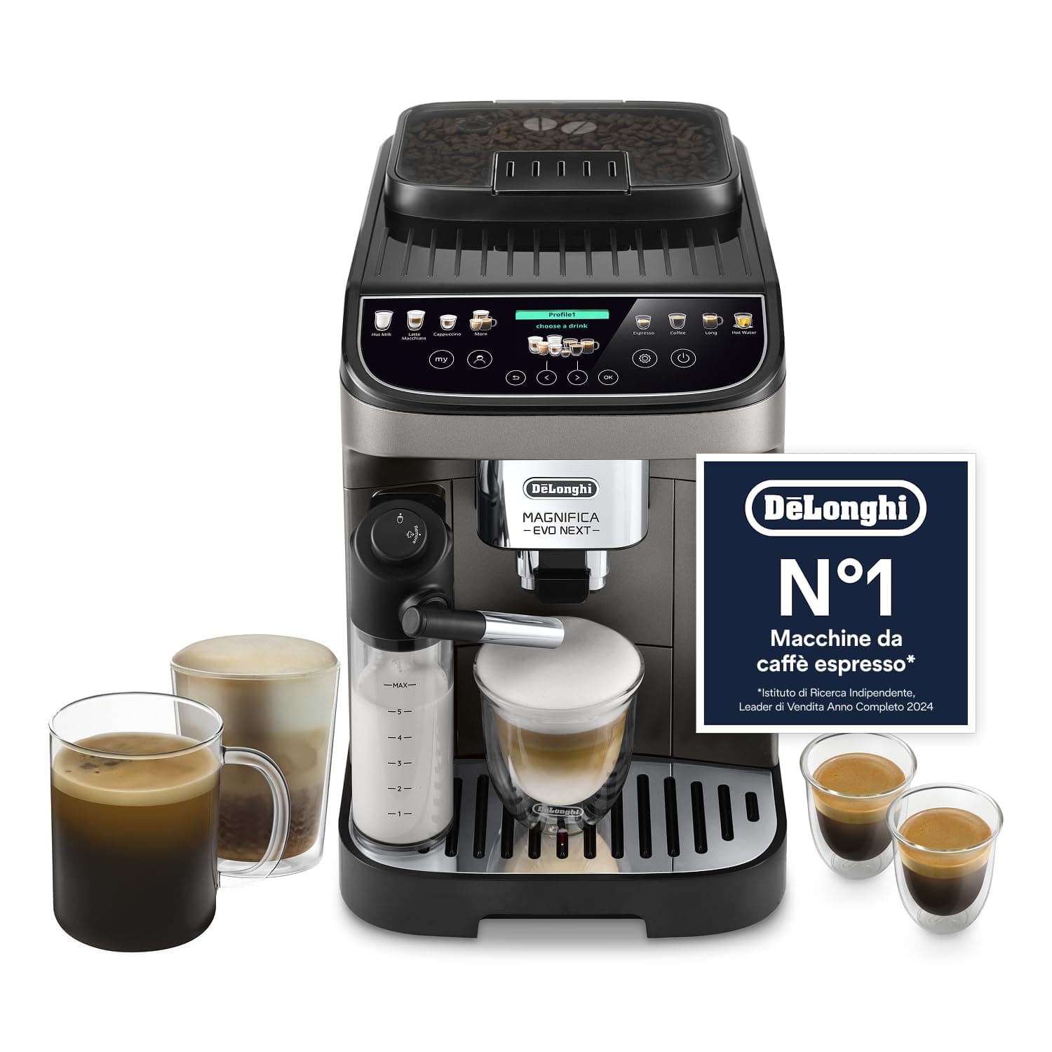 De’Longhi Magnifica Evo Next – Perfetto Macchina da Caffè Automatica, LatteCrema Montalatte Automatico, 13 Bevande in un Solo Tocco, Display Touch a Colori, Titanio e Nero (ECAM312.80.TB)