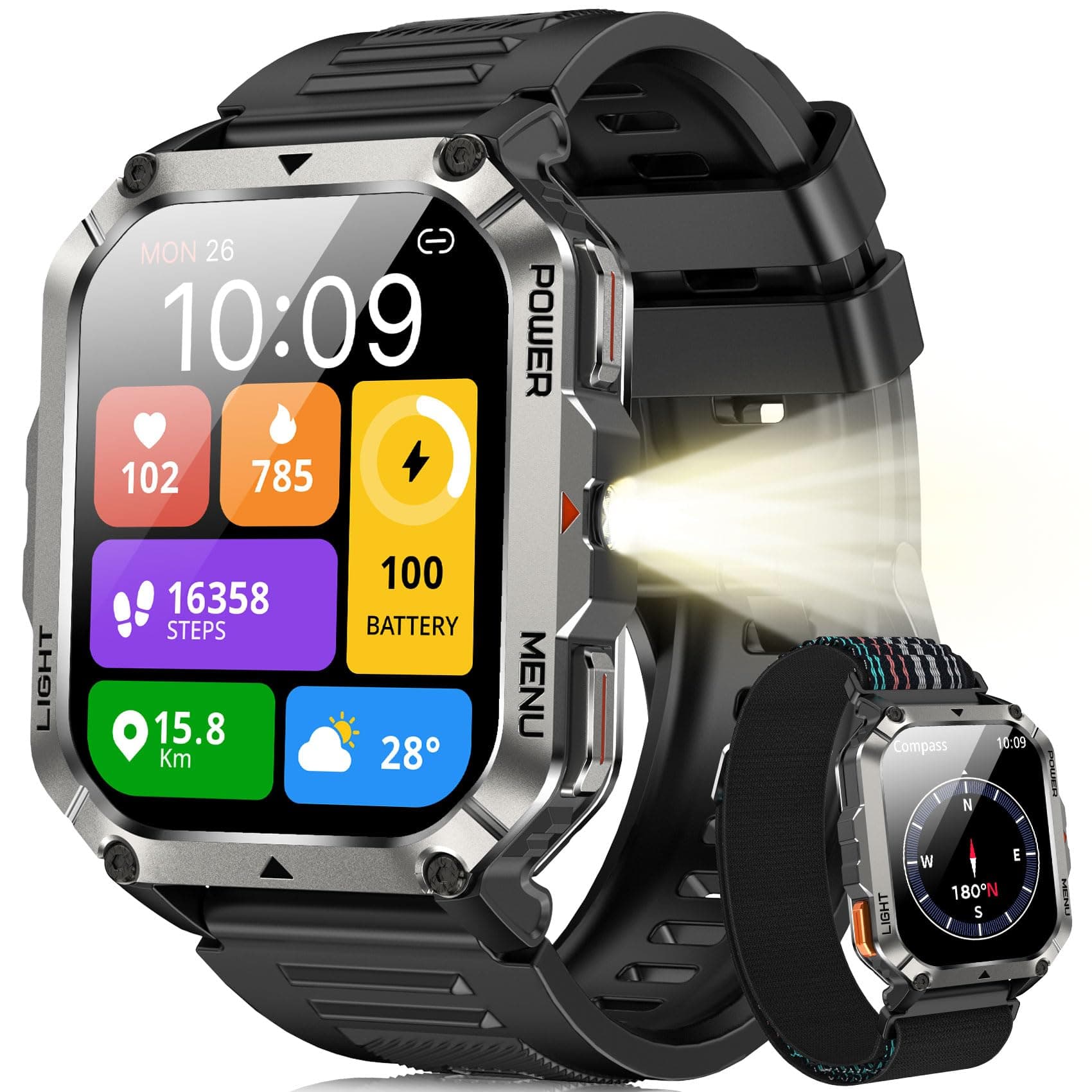 Blackview Montre Connectée Homme avec 100 j Autonomie, Boussole et Lampe Torche, Appels Bluetooth, 100+ Modes Sportifs, Surveillance Fréquence Cardiaque et Sommeil, Compatible Android/iOS