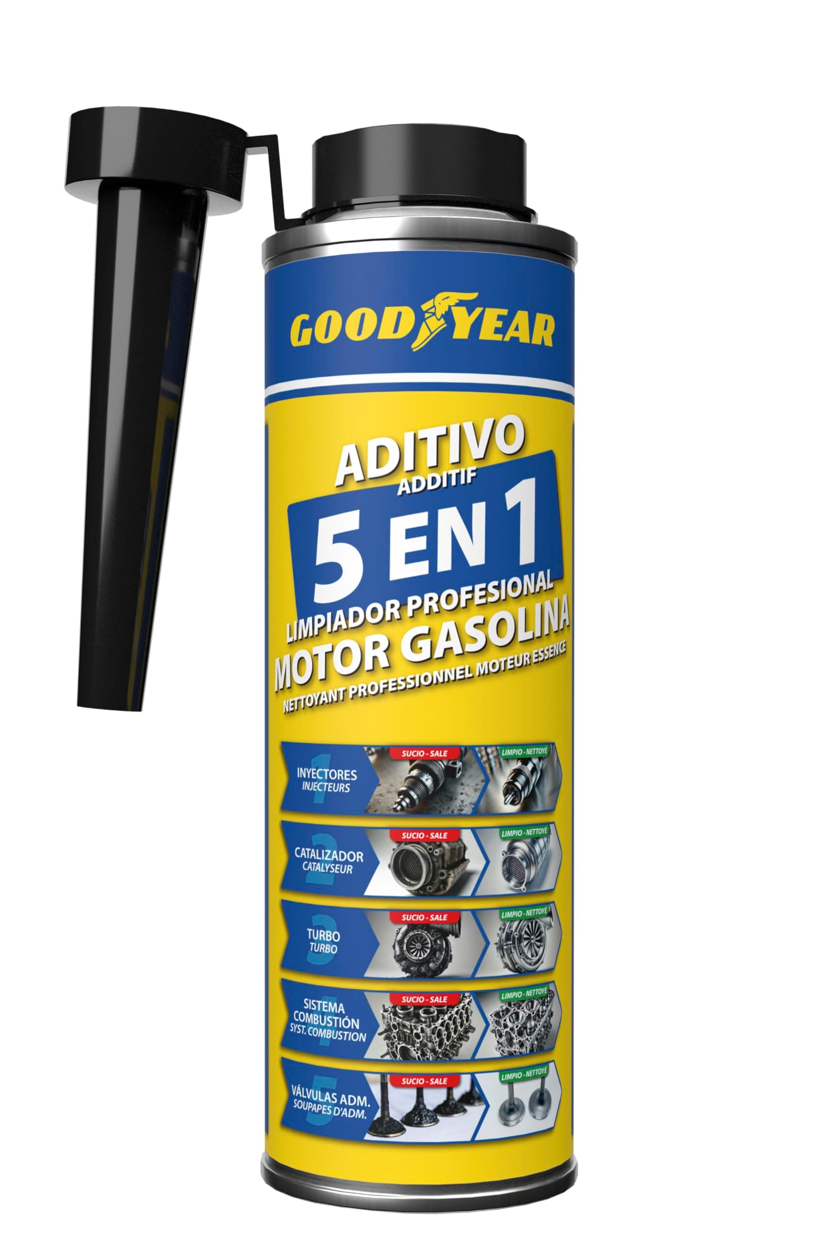 Goodyear Aditivo Limpiador Motor Gasolina 5 en 1 Profesional 300ml | Limpiador de Inyectores, Turbo, Catalizador, Sistema de Combustión y Admisión | Mejora Rendimiento y Reduce Consumo