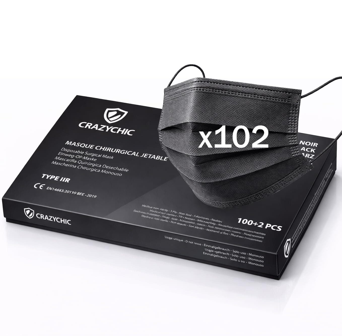 CRAZYCHIC - x102 Masque Chirurgical Médical NOIR Type IIR - Certifié CE Norme EN14683 - Masque Jetable 3 Plis Protection Respiratoire - Haute Filtration EFB>99% - Lot de 102 pièces