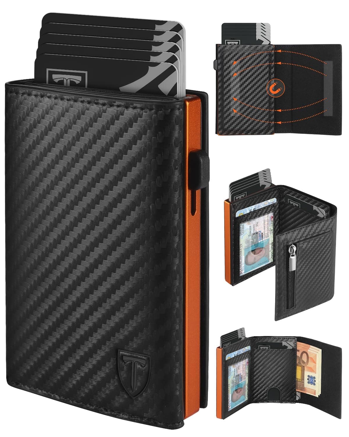TEEHON Portafoglio Uomo Slim RFID Blocking, Magnetica Fibra di Carbonio Porta Carte di Credito Uomo - ID Window, Tasca Portamonete con Cerniera, Scomparto per Banconota (Classico, Nero Arancione)