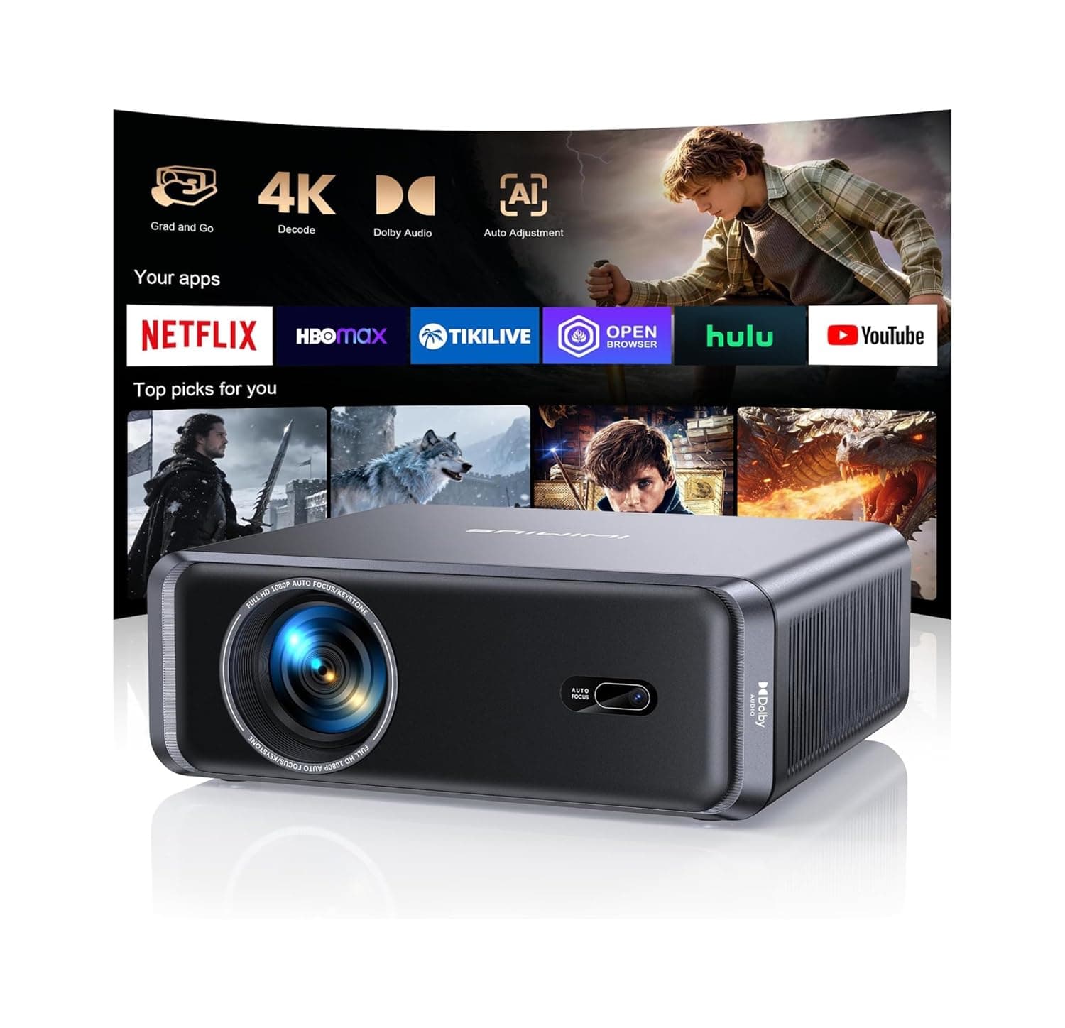 Videoprojecteur 4K 1000ANSI Compatible avec Netflix Dolby Audio Vidéoprojecteur FHD 1080P Auto Focus AutoKeystone Projecteur Video WiFi6 Bluetooth Bidirectionnel HDMI Videoprojecteur Home Cinéma