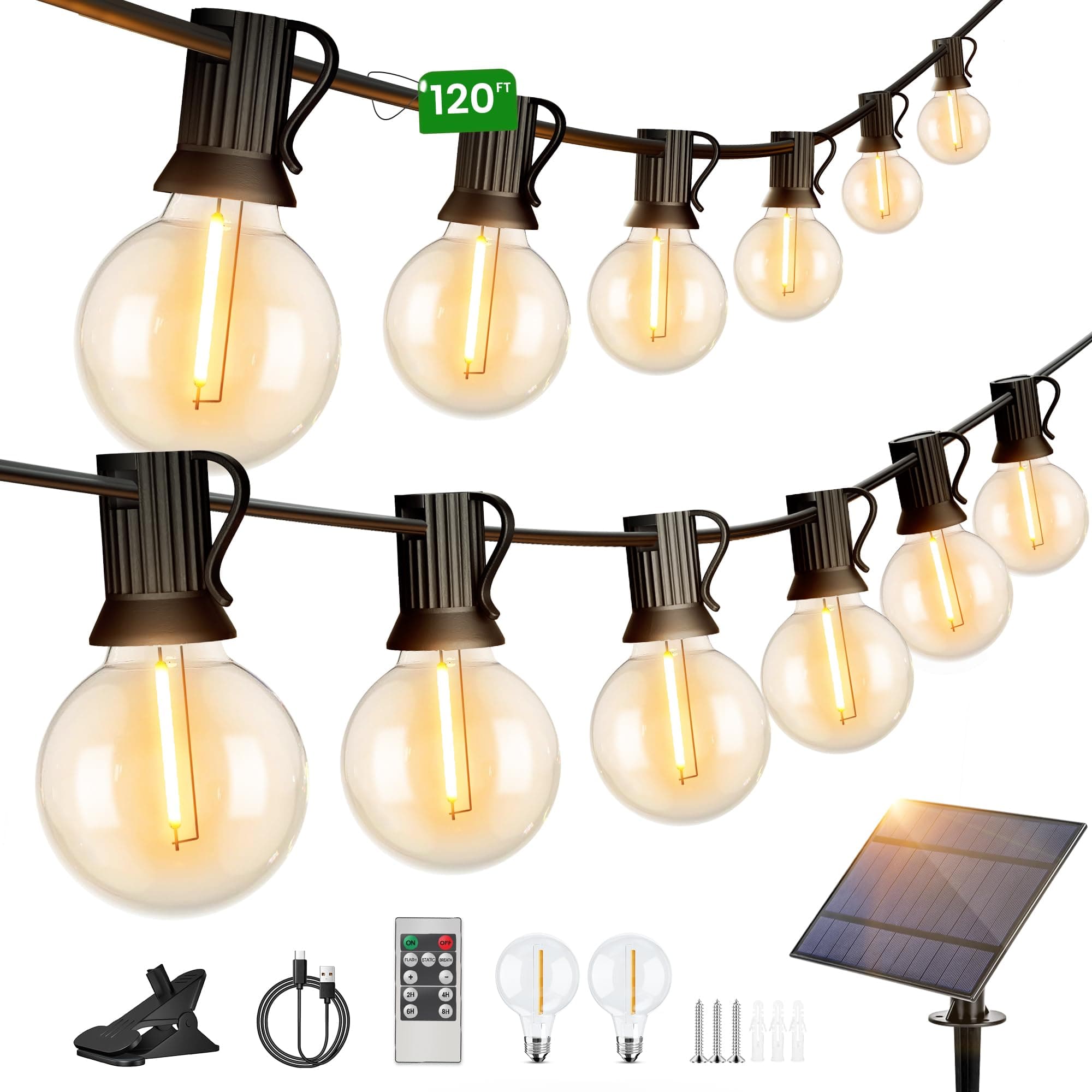 Torkase Guirlande Lumineuse Exterieure Solaire Jardin - Guirlande Guinguette Extérieure 36.5M 50+2 G40 LED Ampoules Blanc Chaud Chaîne Lumiere Exterieur pour Patio Terrasse Fête Mariage