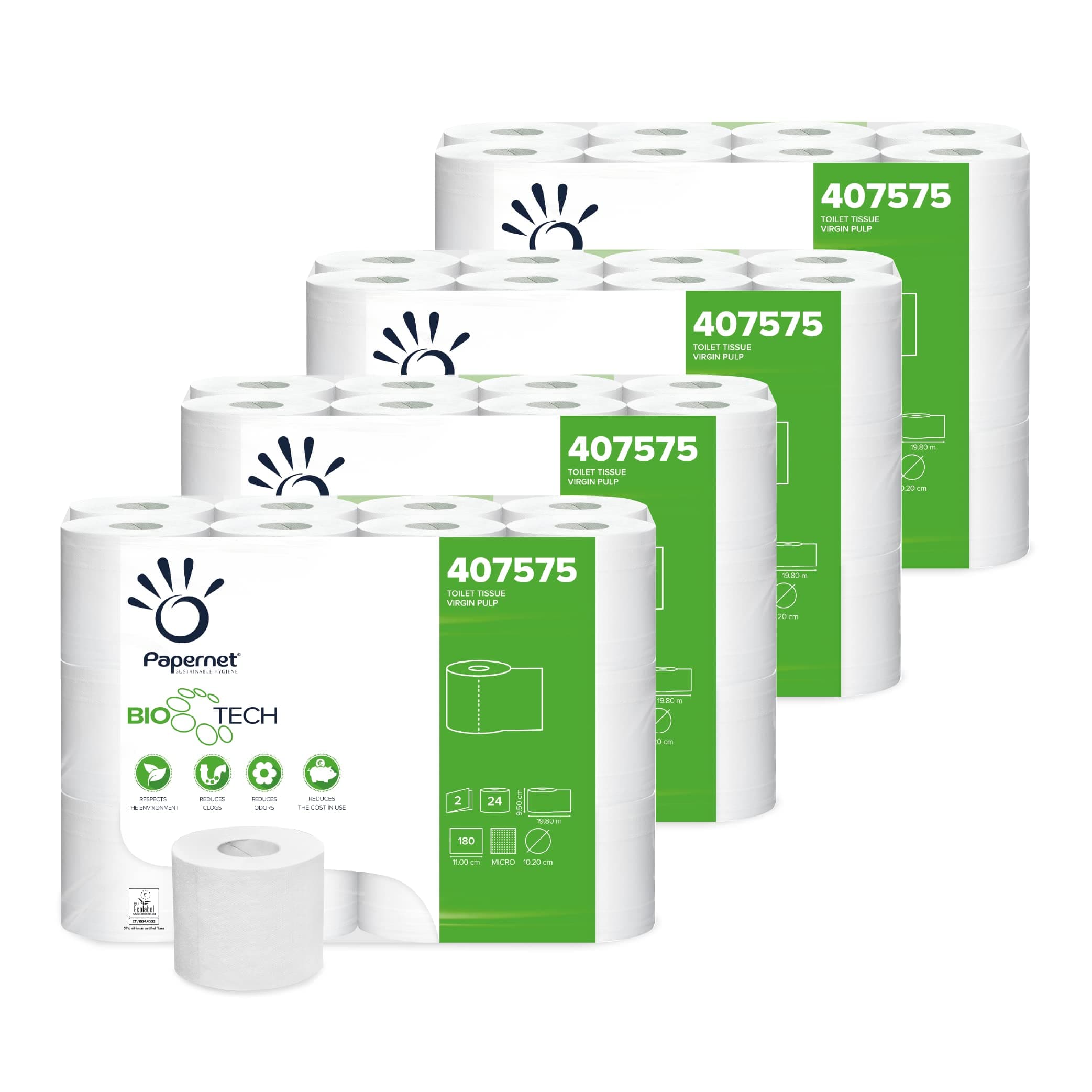 Papernet Bio Tech, Carta Igienica 407575, 96 Rotoli in Pura Cellulosa da 19,8 m Ciascuno, Combatte Naturalmente i Batteri Patogeni, 2 Veli, 17.280 Strappi da 9,5x11cm