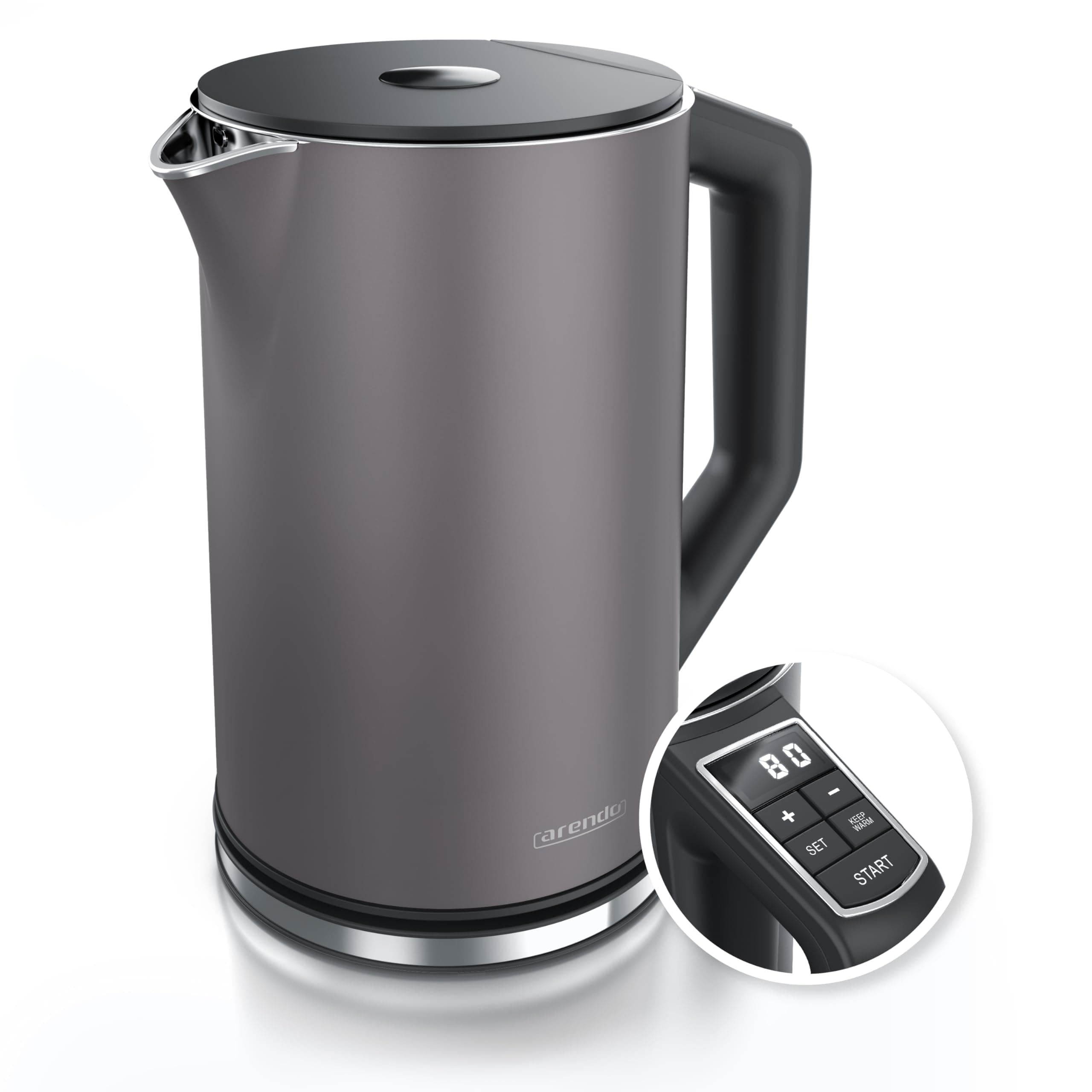 Arendo - Edelstahl Wasserkocher mit Temperatureinstellung 40-100 Grad in 5er Schritten - Doppelwand Design - Modell ELEGANT - 1,5 Liter - 2200 W - Teekocher mit Temperaturanzeige - GS - Vulkangrau