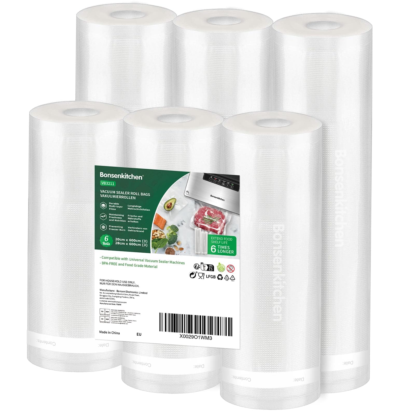 Bonsenkitchen Sacchetti Sottovuoto per Alimenti, 3 Rotoli 28x600cm+ 3 Rotoli 20x600cm, per Conservazione Alimenti e Cottura Sous Vide, Senza BPA,VB3211
