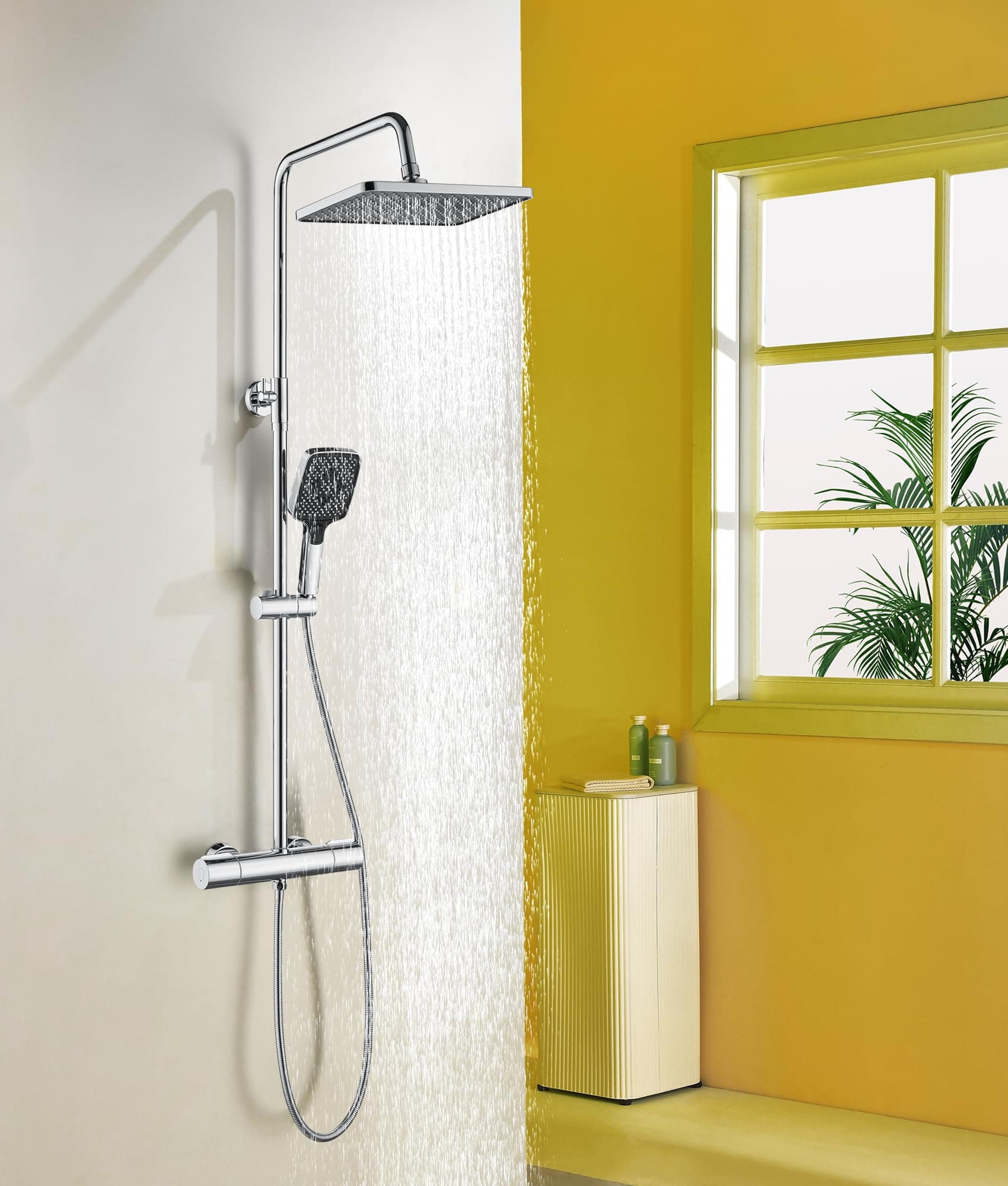 Baollansa Colonne de Douche Thermostatique de Douche avec Mitigeu,Barre Réglable 88-125cm Ensemble de Douche Salle de Bain Douchettes 3 Jets Main Set Complet (Chrome)