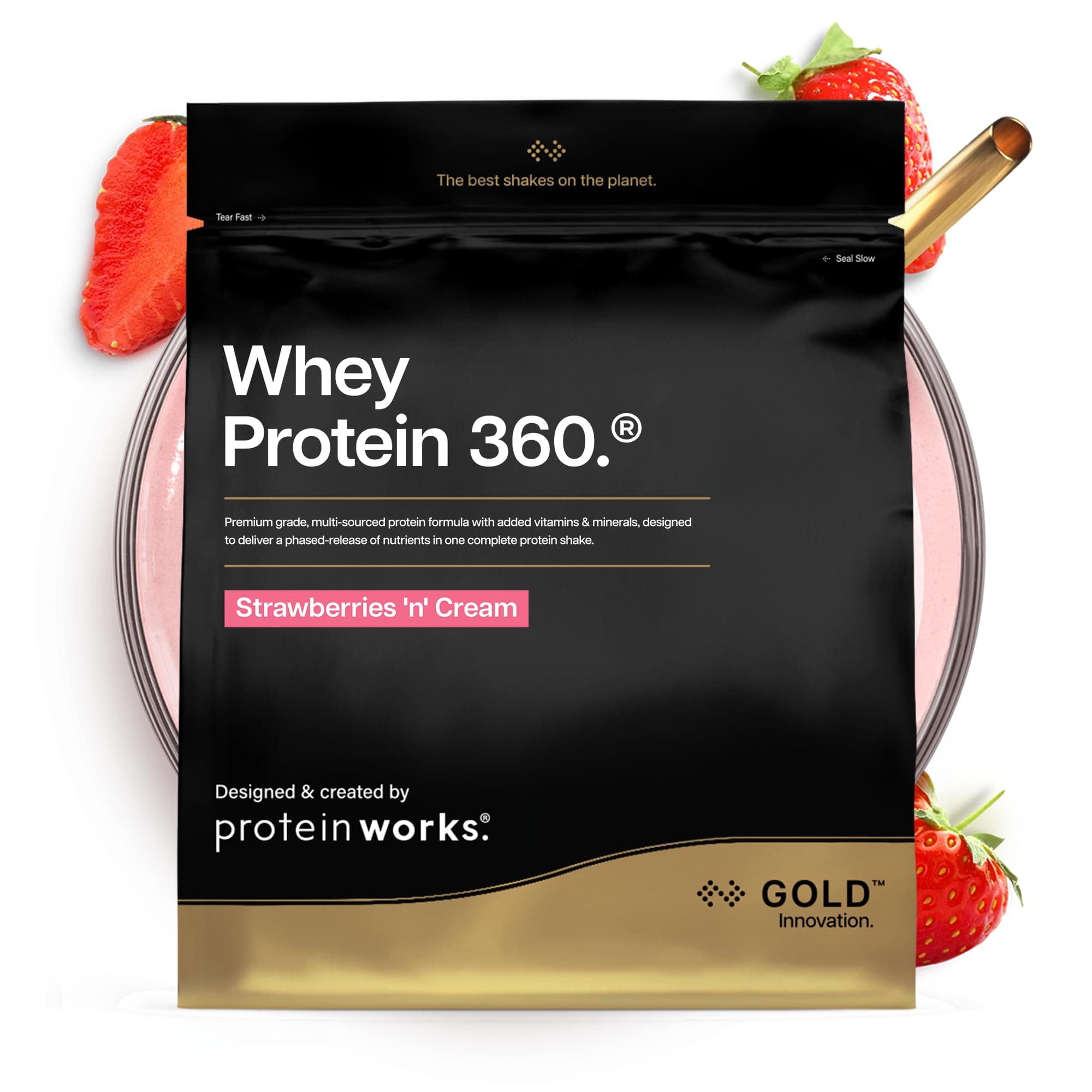 Protein Works | Whey Protein 360 - GOLD Innovation, Whey Proteína en Polvo, Enzimas Digestivas, 12 Vitaminas y Minerales, Sin Azúcares Añadidos, Fresas con Nata, 40 Porciones, 1.2 kg