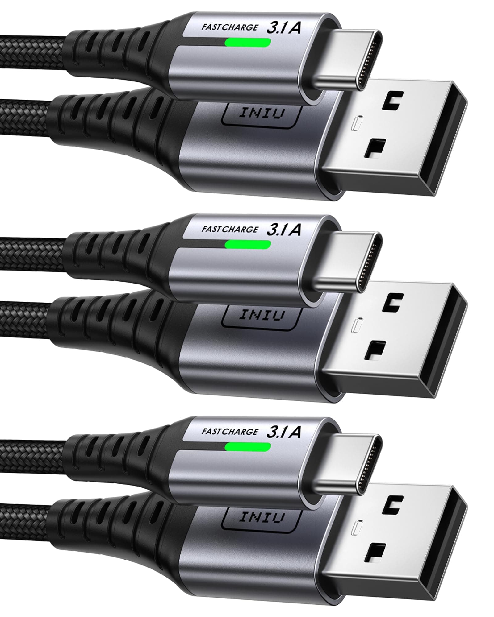INIU Cable USB C Charge Rapide 3,1A, [2m+2m+0,5m/Lot de 3] Câble USB vers USB C, Nylon Chargeur Cable Type C USB A Cordon USBC pour Samsung Galaxy S21 S20 A34 iPhone 15 Pro Google Pixel 7 Xiaomi PS5.